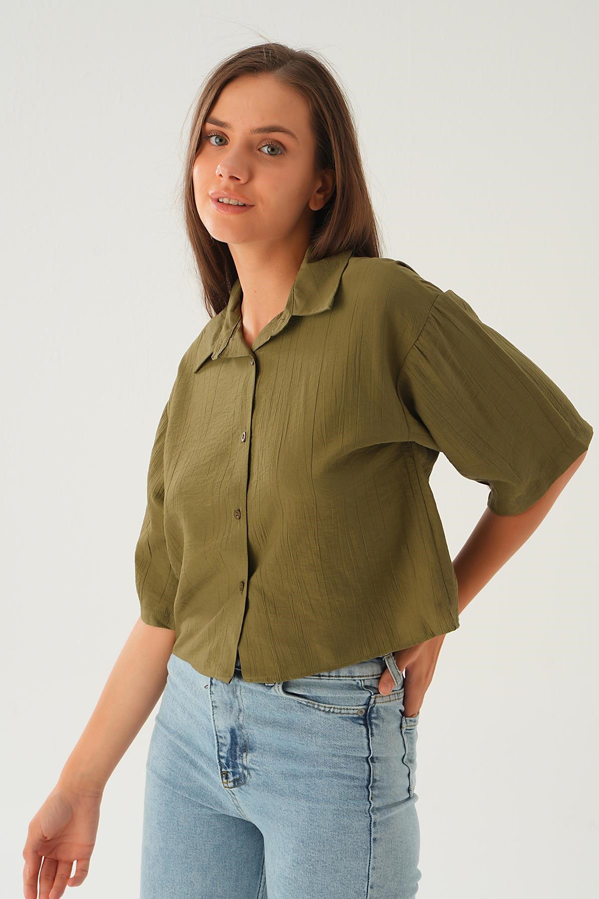 Haki Oversize Kısa Gömlek 4159A
