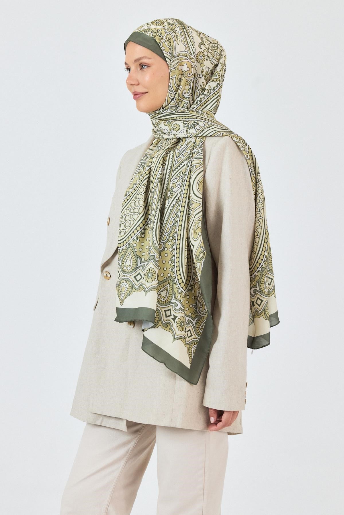 Haki Retro Desenli Şal 5684