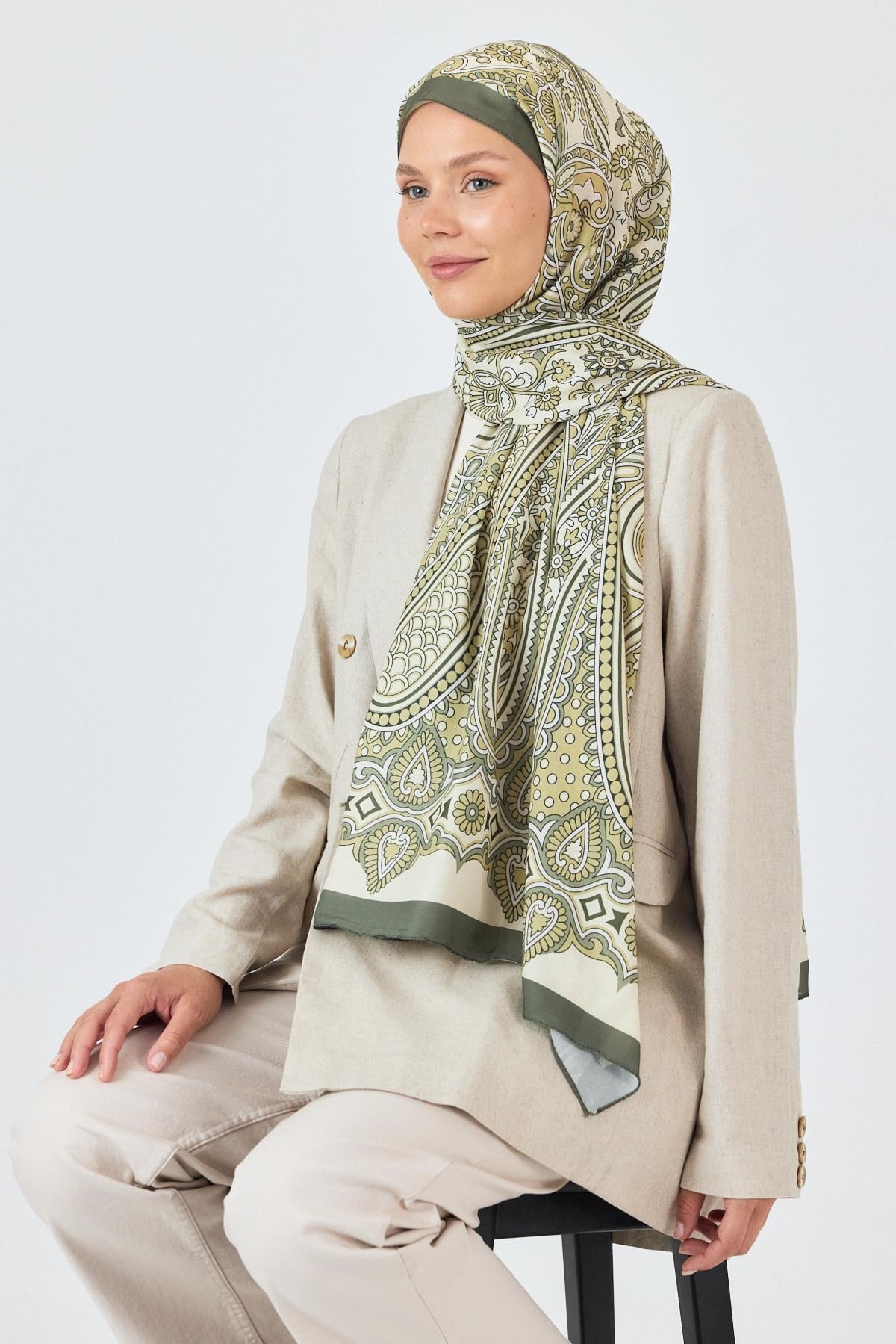 Haki Retro Desenli Şal 5684