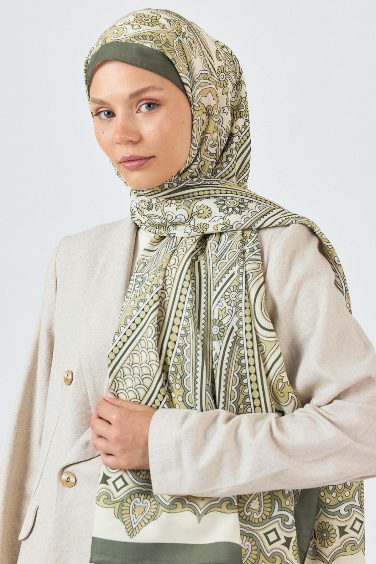 Haki Retro Desenli Şal 5684