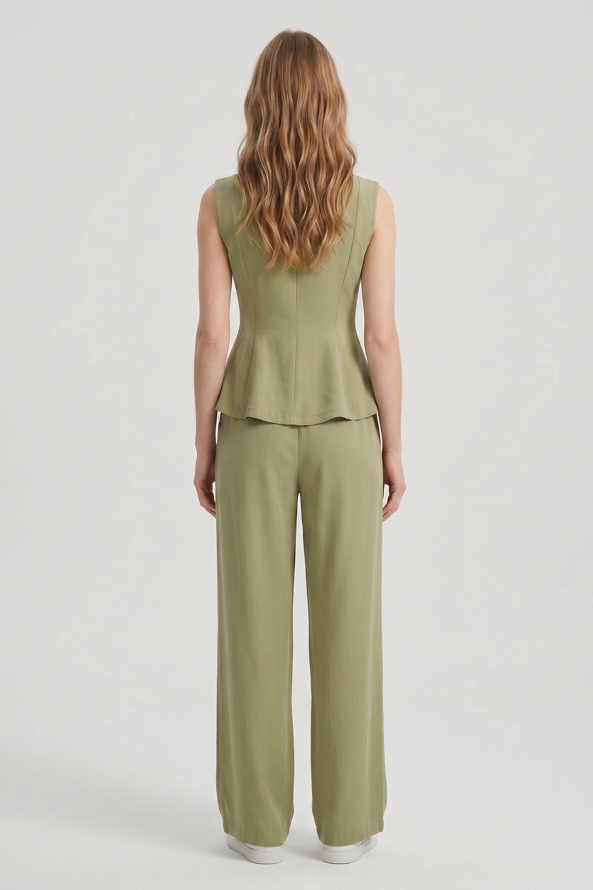 Haki Sıfır Kol Peplum Bluz Bol Paça Pantolon Takım 18007