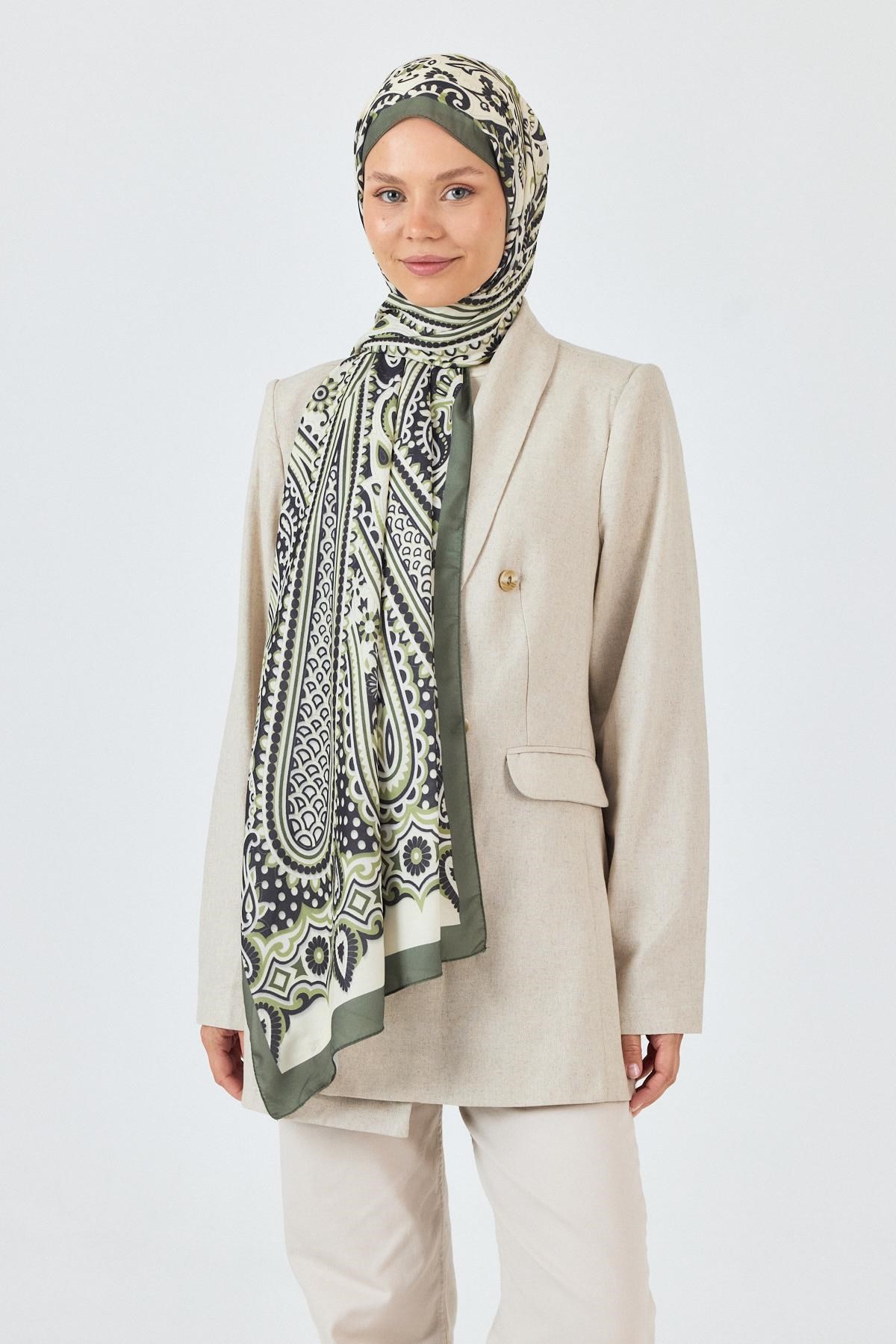 Haki-Siyah Retro Desenli Şal 5684