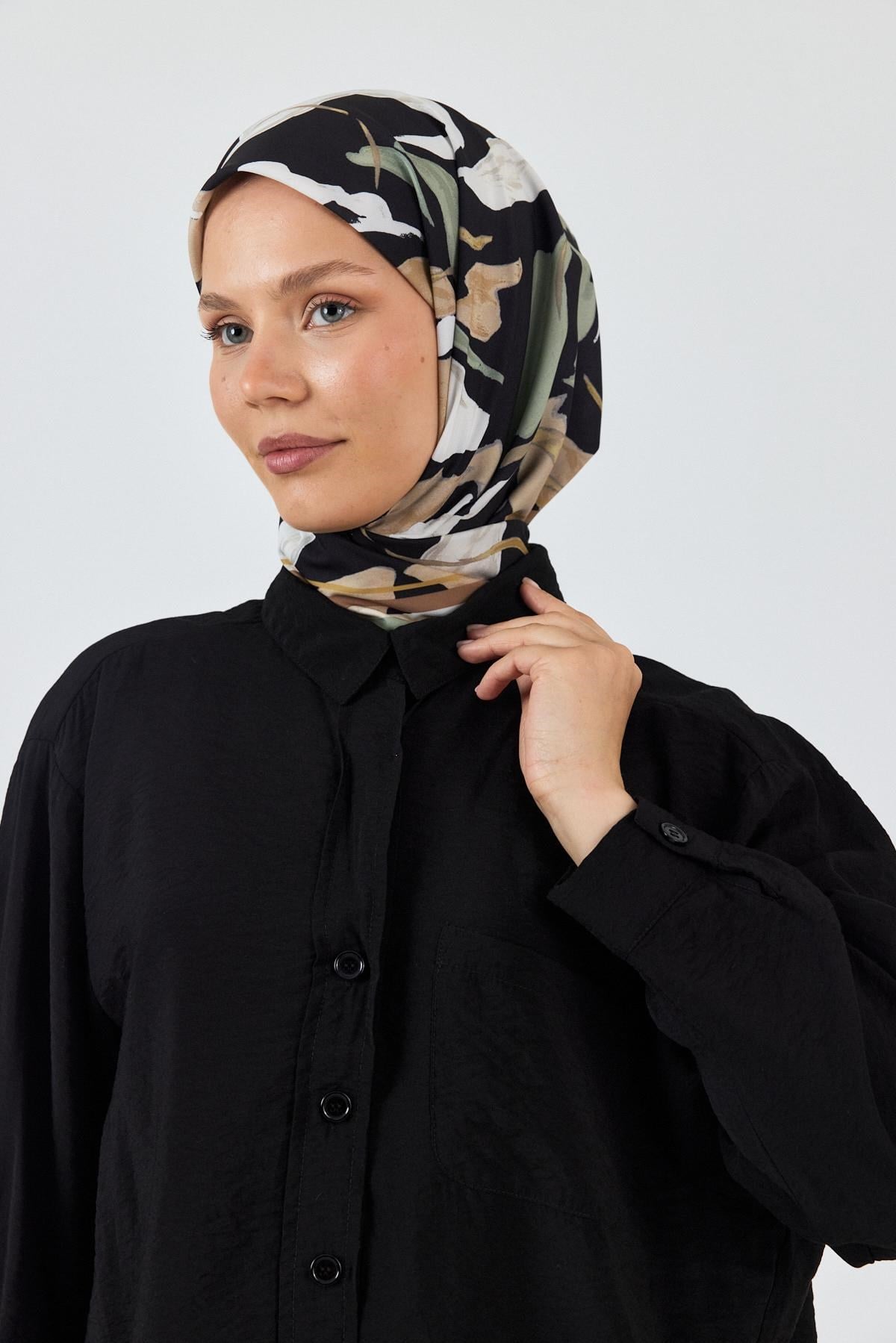 Haki Yaprak Desenli Eşarp 3004