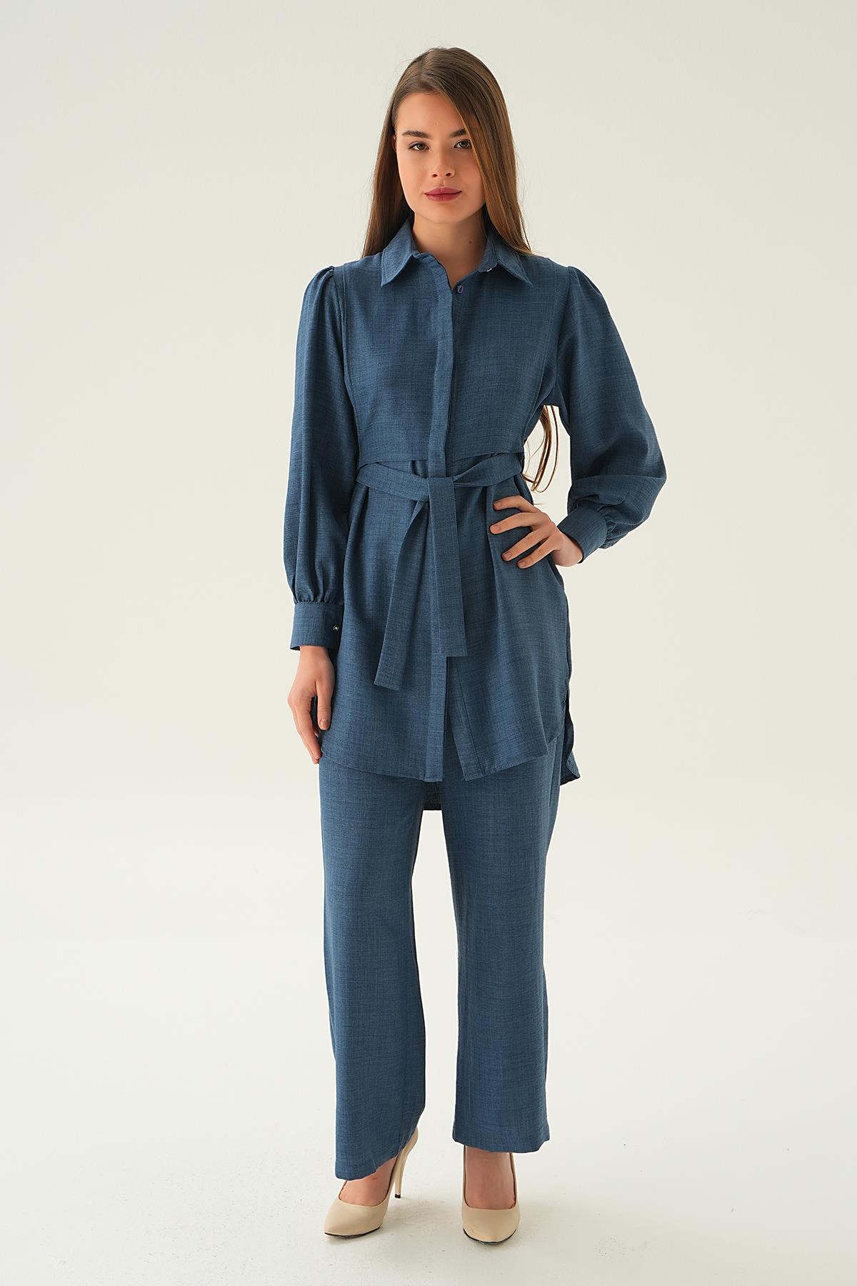 İndigo Bağlamalı Tunik Pantolon Takım 6835A
