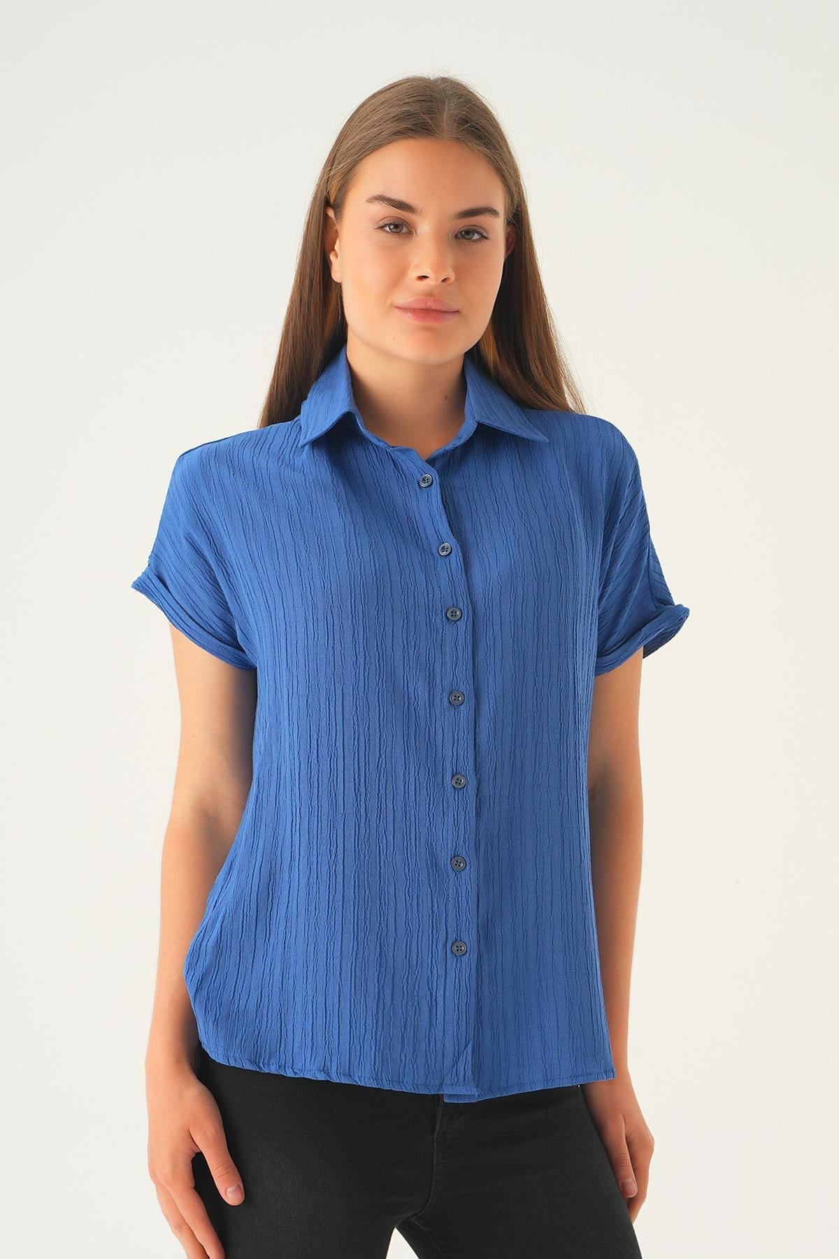 İndigo Kısa Kol Oversize Gömlek 4163A