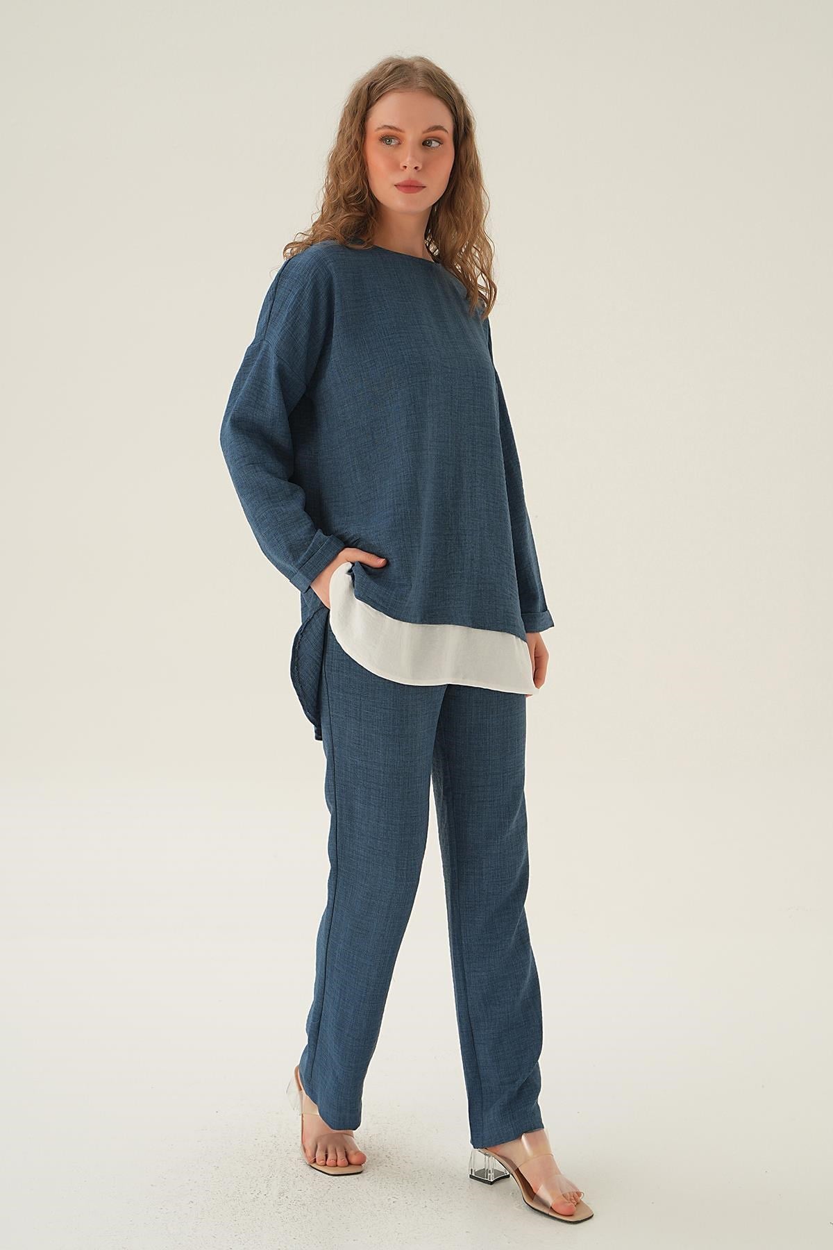 İndigo Parçalı Tunik Pantolon Takım 4090A