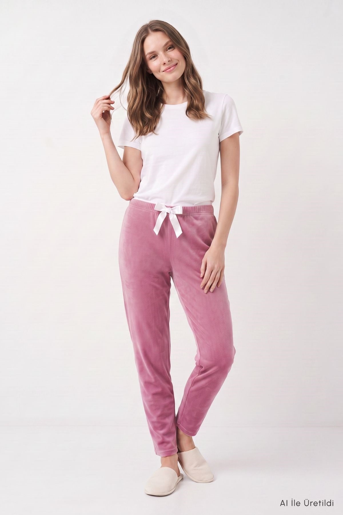 Kadın Alt Giyim-Kadın Pijama-Bel Lastikli Kadife Pijama 0601 Gül-rulem