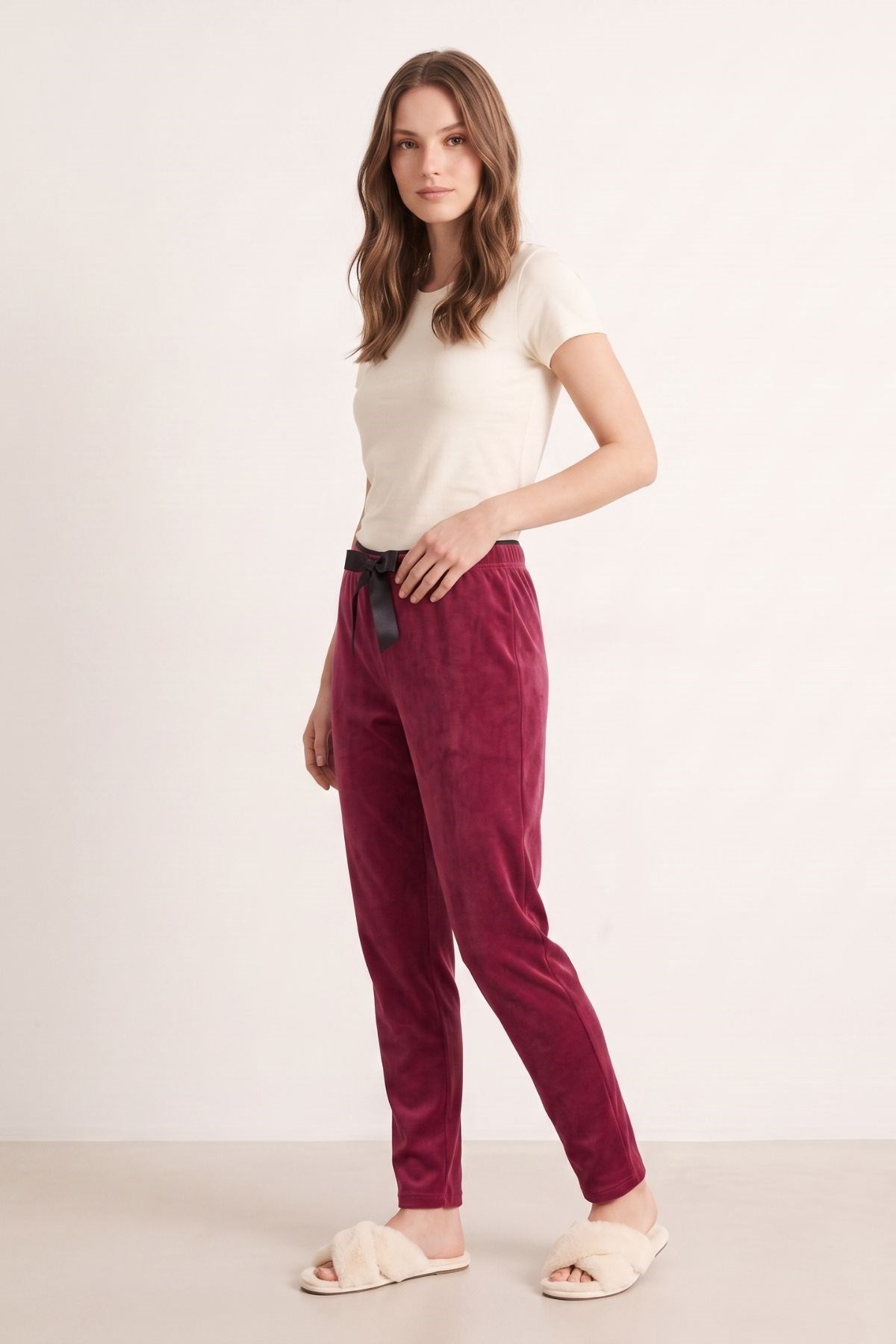 Kadın Alt Giyim-Kadın Pijama-Bel Lastikli Kadife Pijama 0601 Mürdüm-rulem