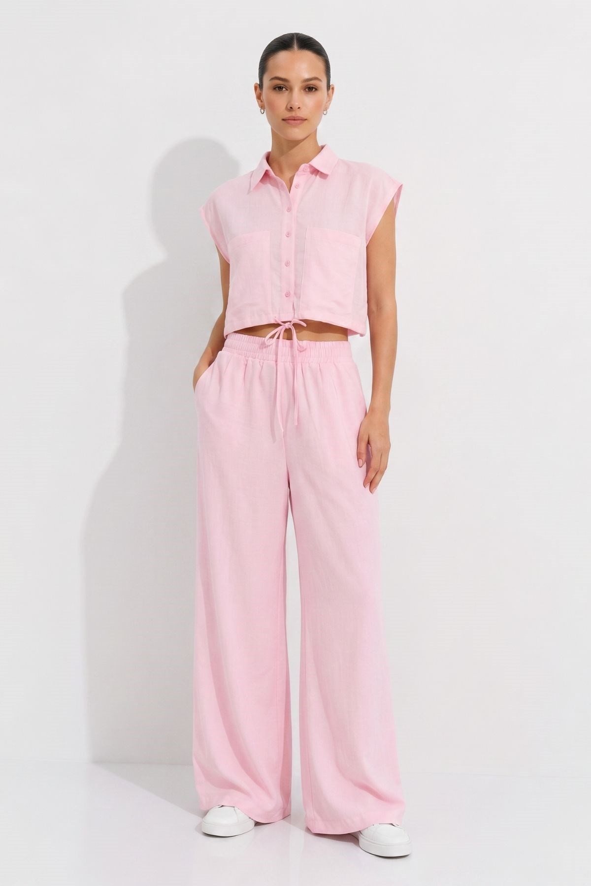 Kadın Alt-Üst Takım-Cepli crop Gömlek Pantolon Takım 7157 Pembe -rulem