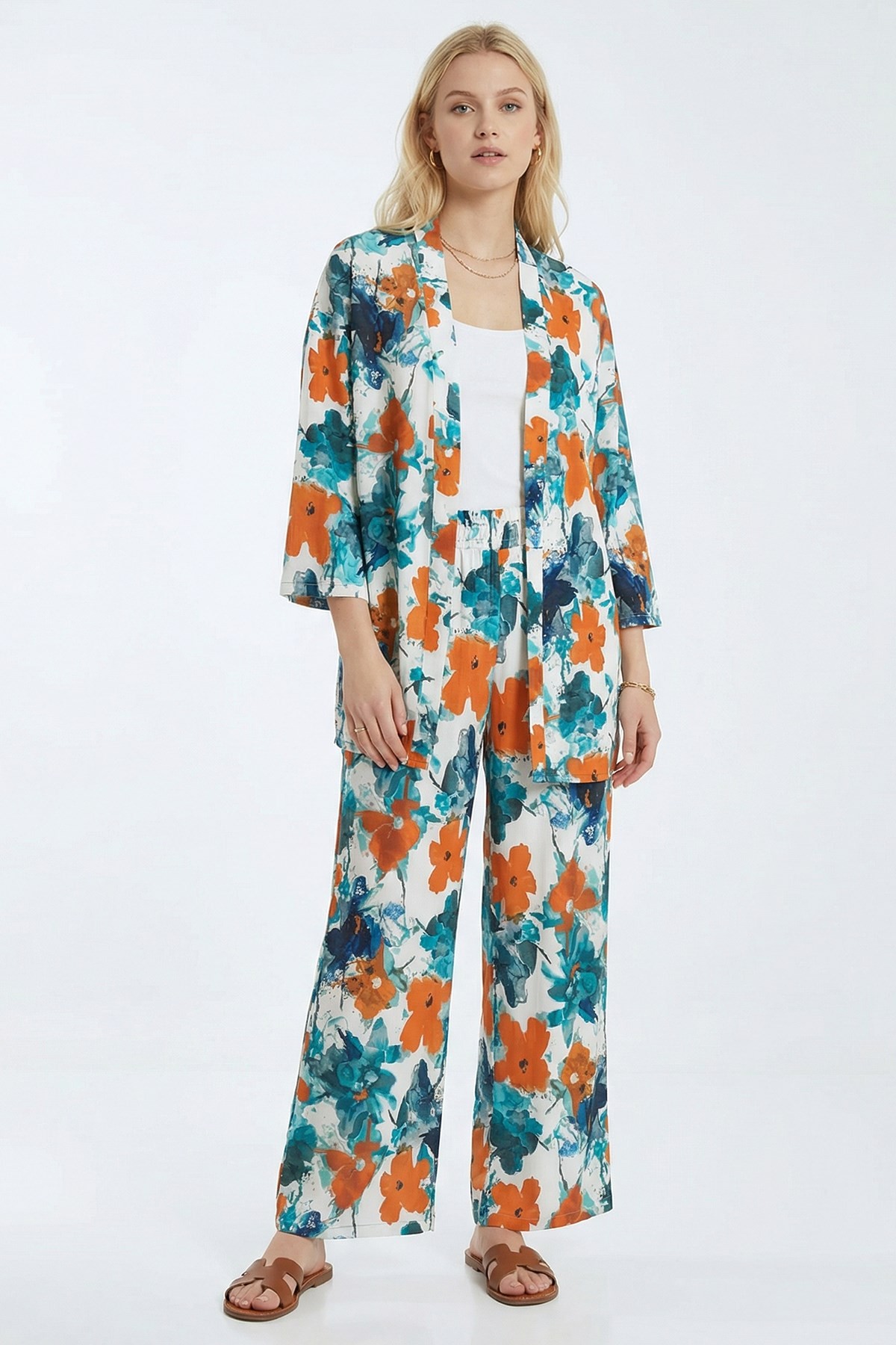 Kadın Alt-Üst Takım-Desenli Kimono Takım 121 Turuncu -rulem