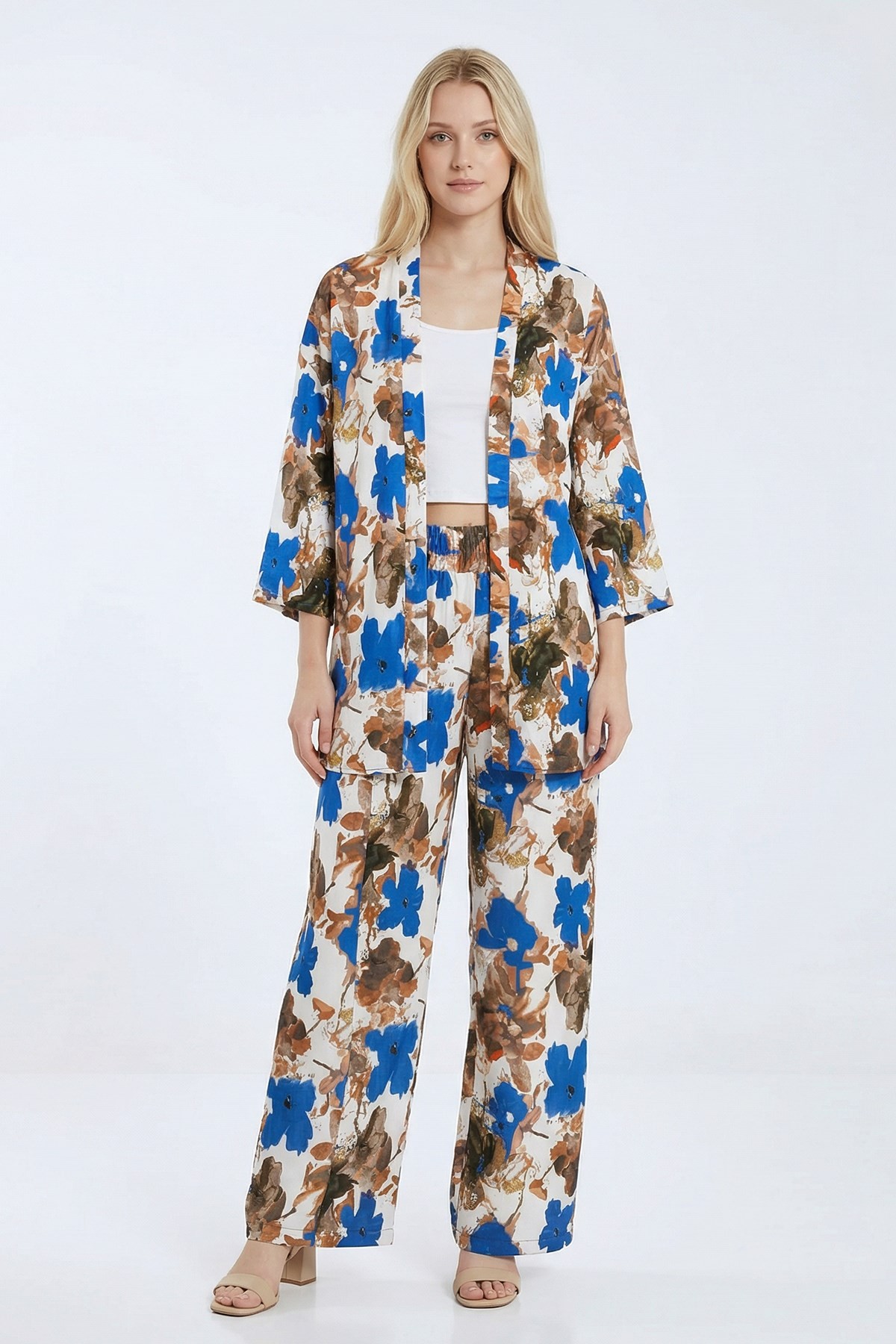 Kadın Alt-Üst Takım-Desenli Kimono Takım 121 Mavi -rulem