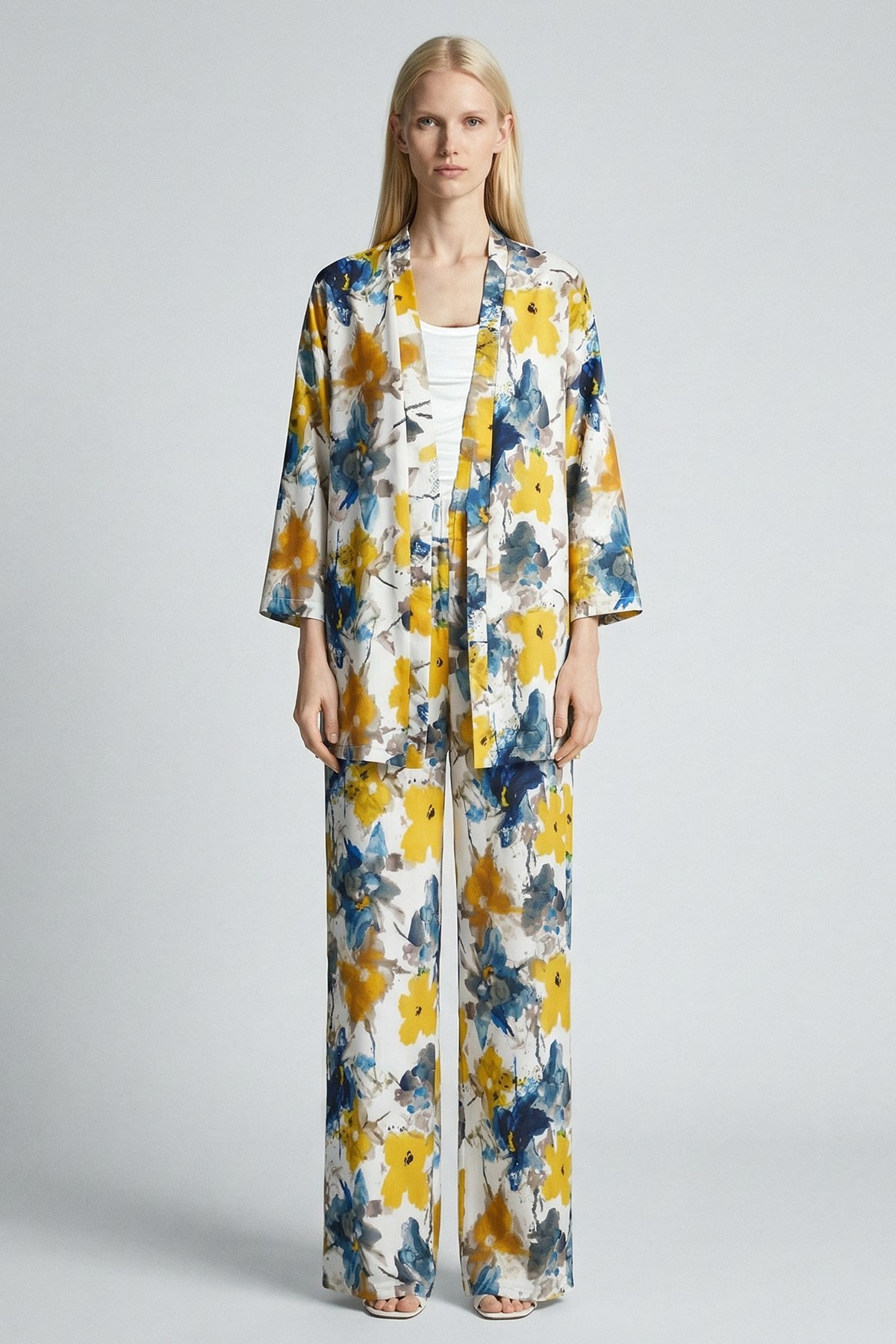 Kadın Alt-Üst Takım-Desenli Kimono Takım 121 Sarı -rulem