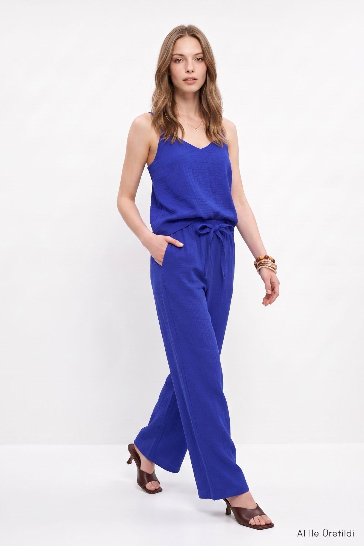 Kadın Alt-Üst Takım-İnce Askılı Bluz Pantolon Takım 8661A Saks -rulem