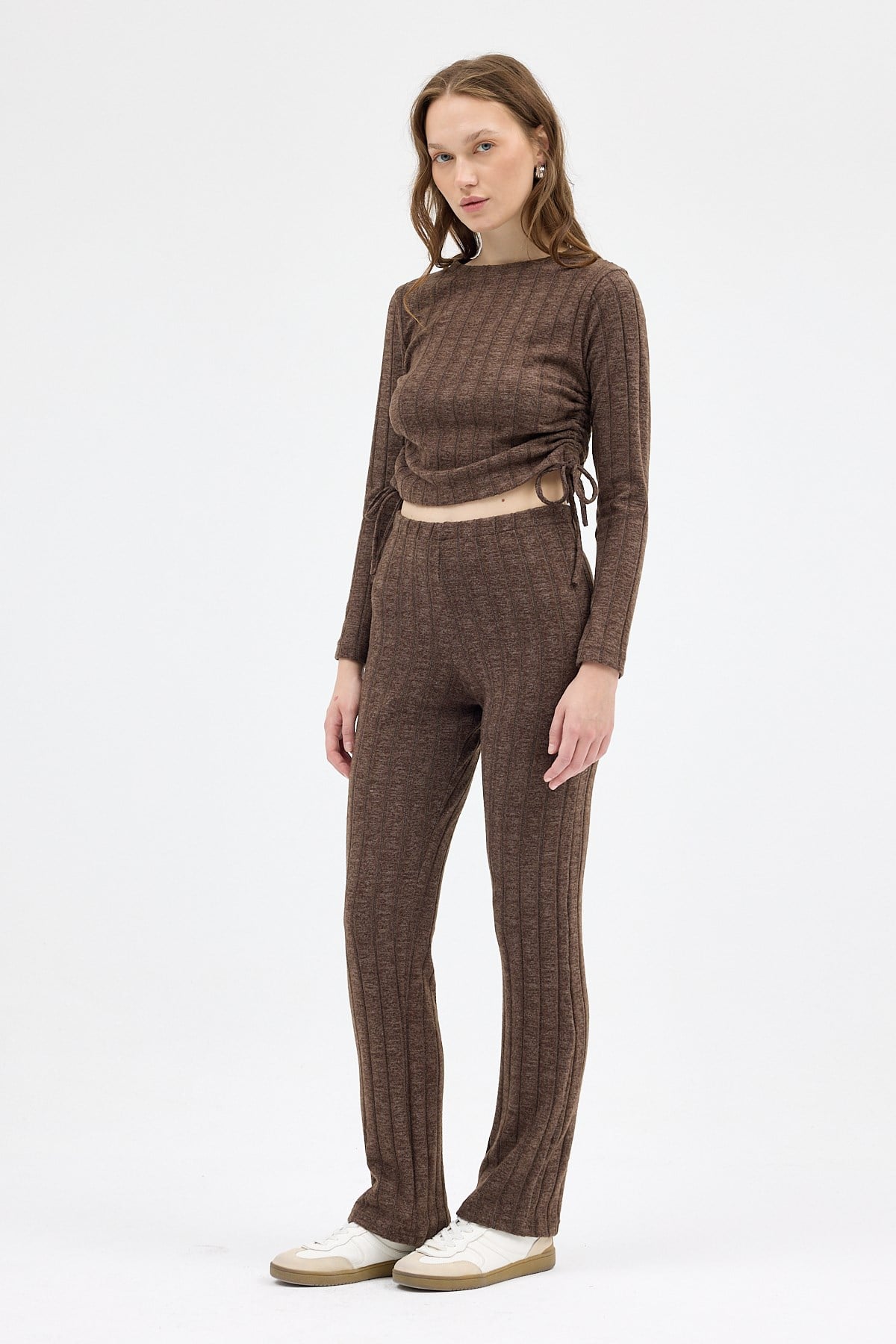 Kadın Alt-Üst Takım-Kahve Fitilli Crop Bluz Pantolon İkili Takımı 8114A-rulem