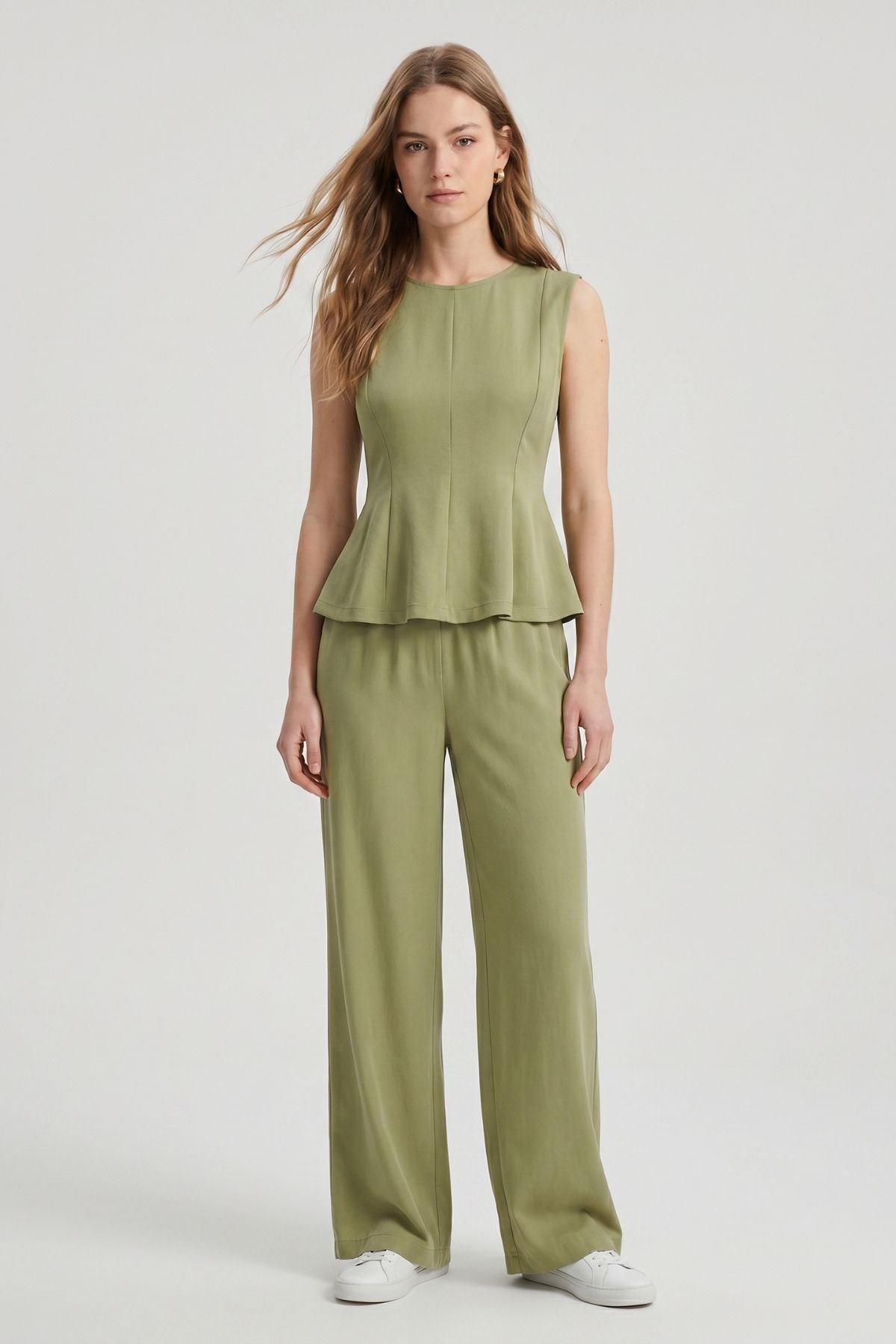 Kadın Alt-Üst Takım-Sıfır Kol Peplum Bluz Bol Paça Pantolon Takım 18007 Haki -rulem
