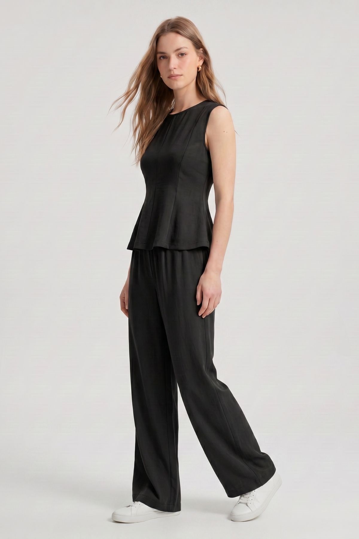 Kadın Alt-Üst Takım-Sıfır Kol Peplum Bluz Bol Paça Pantolon Takım 18007 Siyah -rulem