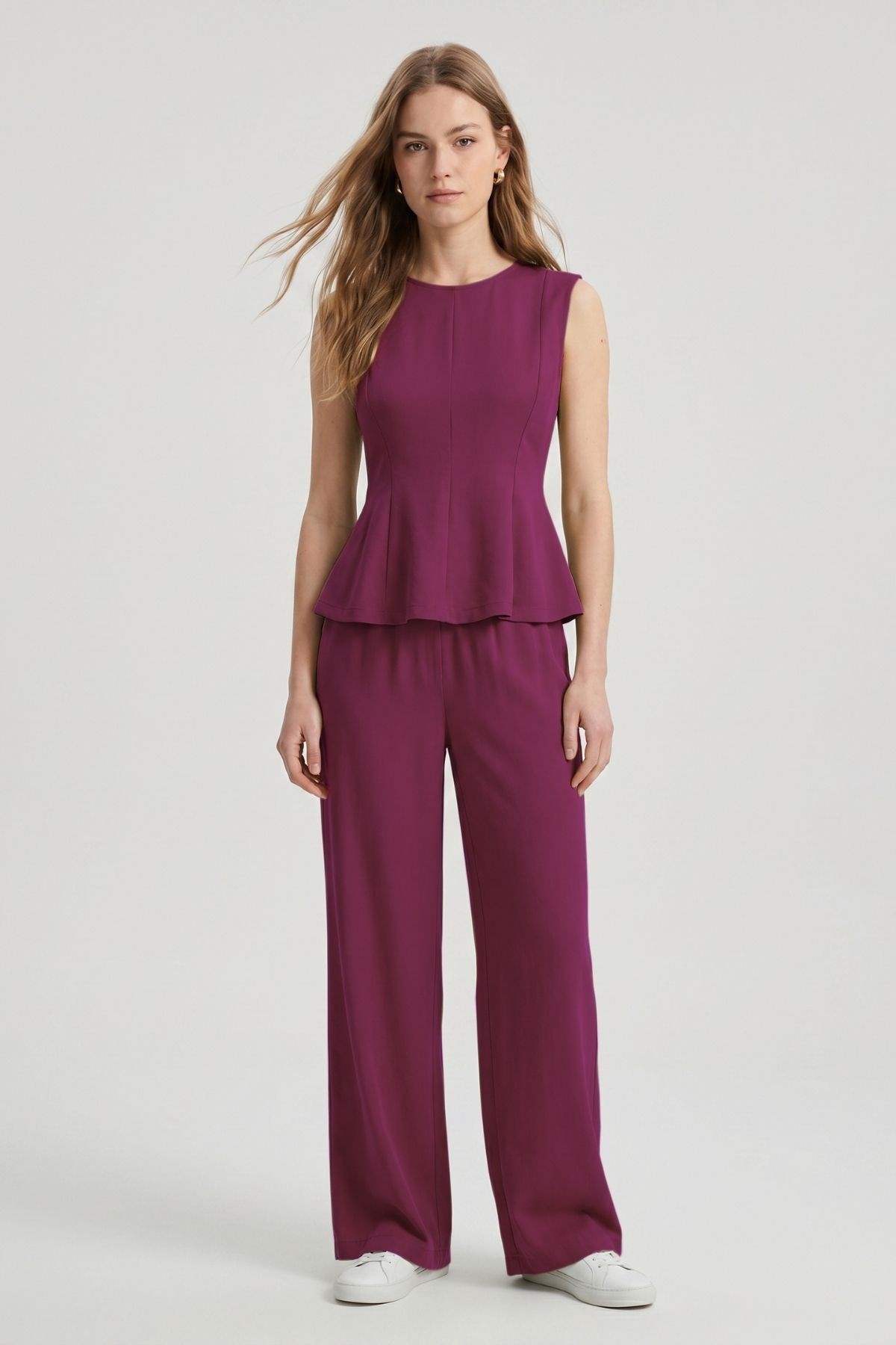 Kadın Alt-Üst Takım-Sıfır Kol Peplum Bluz Bol Paça Pantolon Takım 18007 Mürdüm -rulem