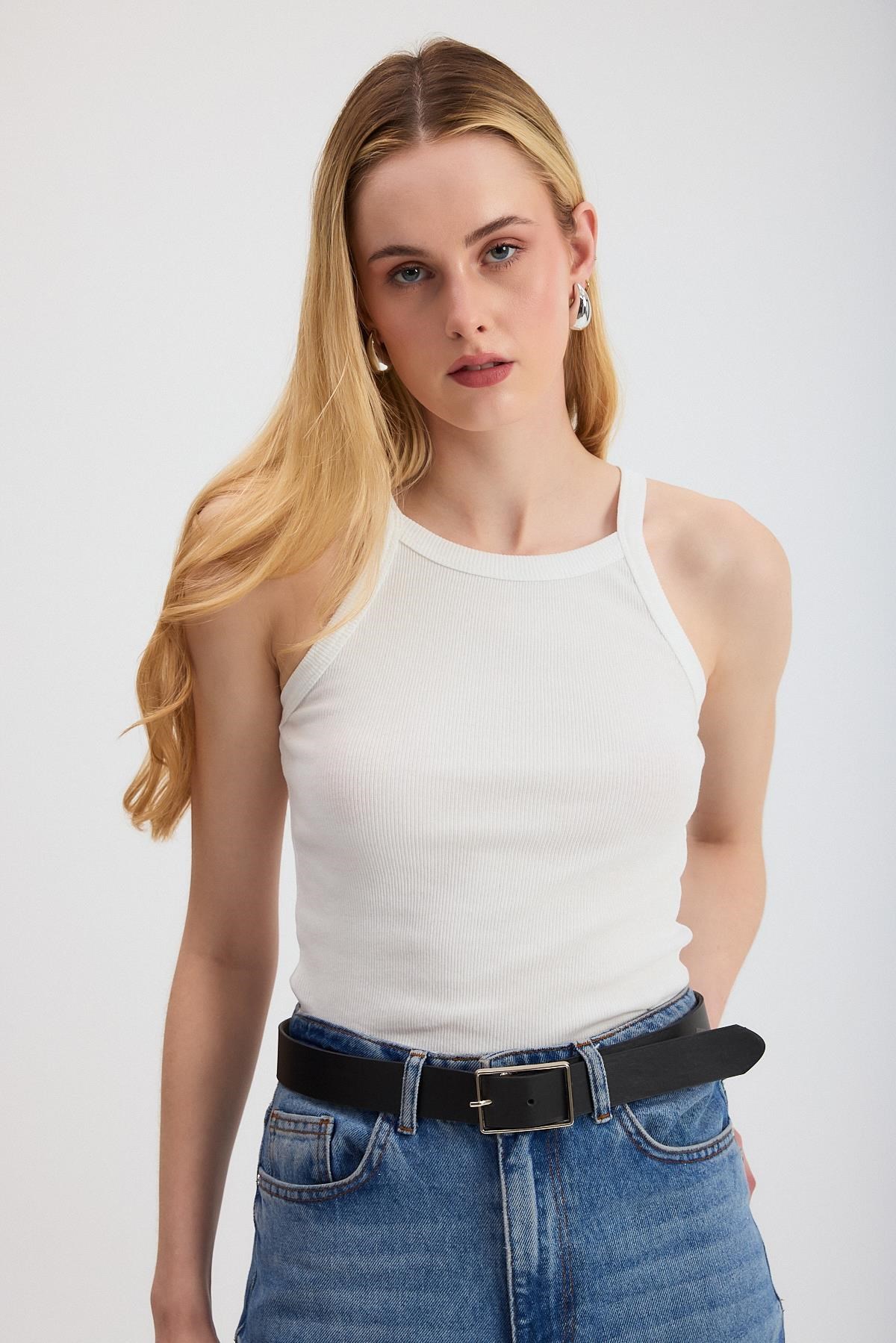 Kadın Atlet-Beyaz -1121 Sıfır Kol Fitilli Halter Yaka Basic Atlet-rulem