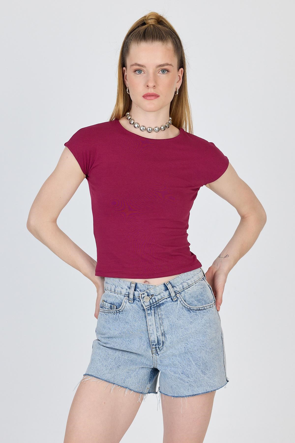 Kadın Body-Bordo Bisiklet Yaka Pamuklu Slim Fit Tişört 9190-rulem