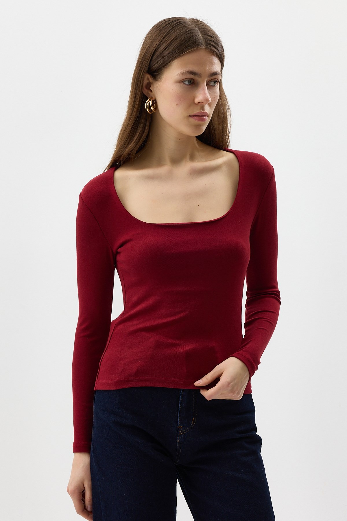 Kadın Body-Bordo Kare Yaka Uzun Kollu Fitilli Kadın Body 8267A-rulem