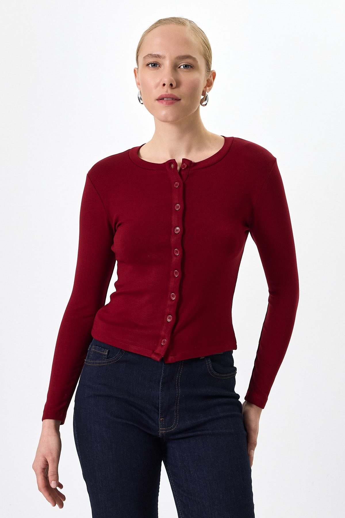 Kadın Body-Bordo Ön Düğmeli Bisiklet Yaka Uzun Kollu Fitilli Kadın Body 8270A-rulem