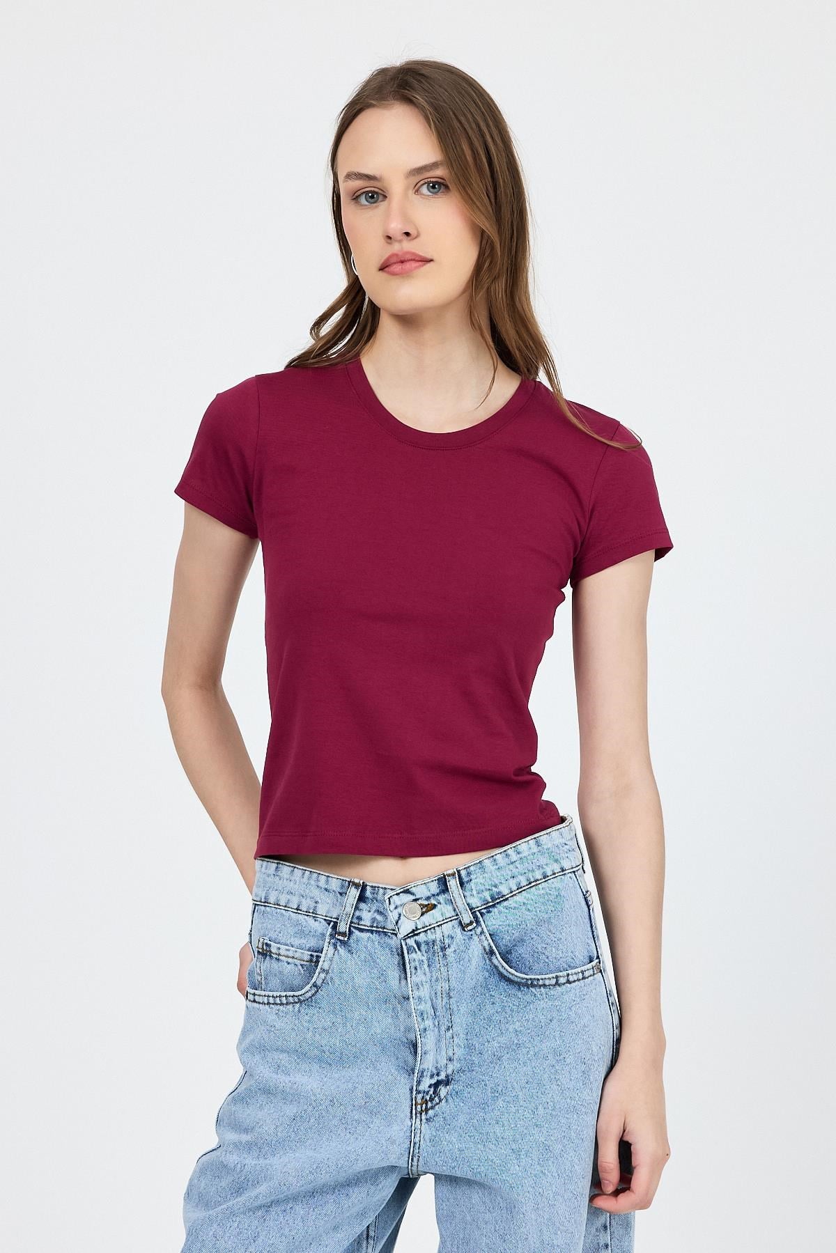 Kadın Body-Bordo Slim Fit Bisiklet Yaka Kısa Kollu Tişört 2214-rulem