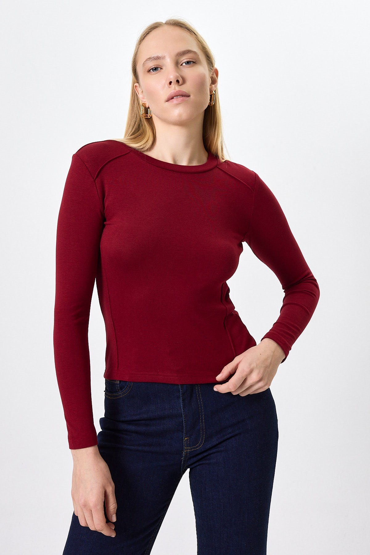 Kadın Body-Bordo Uzun Kollu Bisiklet Yaka Dikiş Detaylı Kadın Body 8223A-rulem