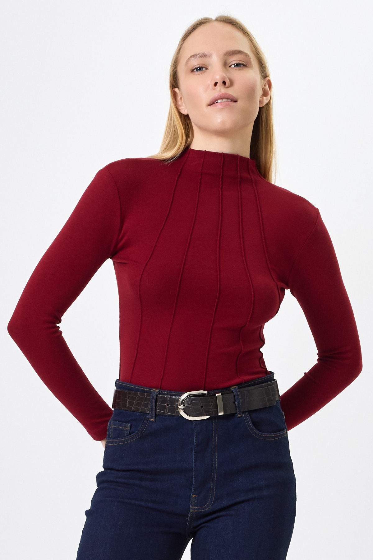 Kadın Body-Bordo Uzun Kollu Yarım Balıkçı Yaka Dikiş Detaylı Kadın Body 8225A-rulem