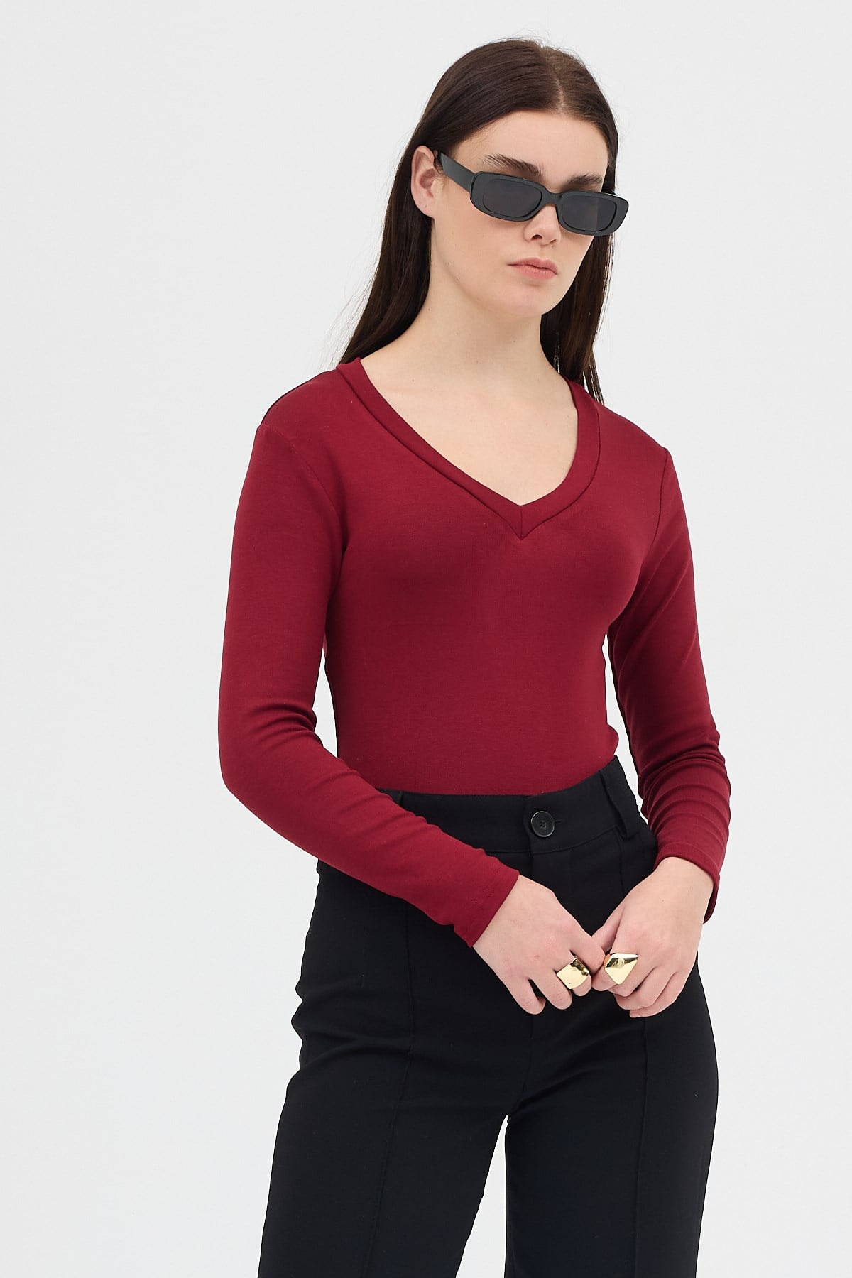Kadın Body-Bordo V Yaka Uzun Kol Body 1452-rulem
