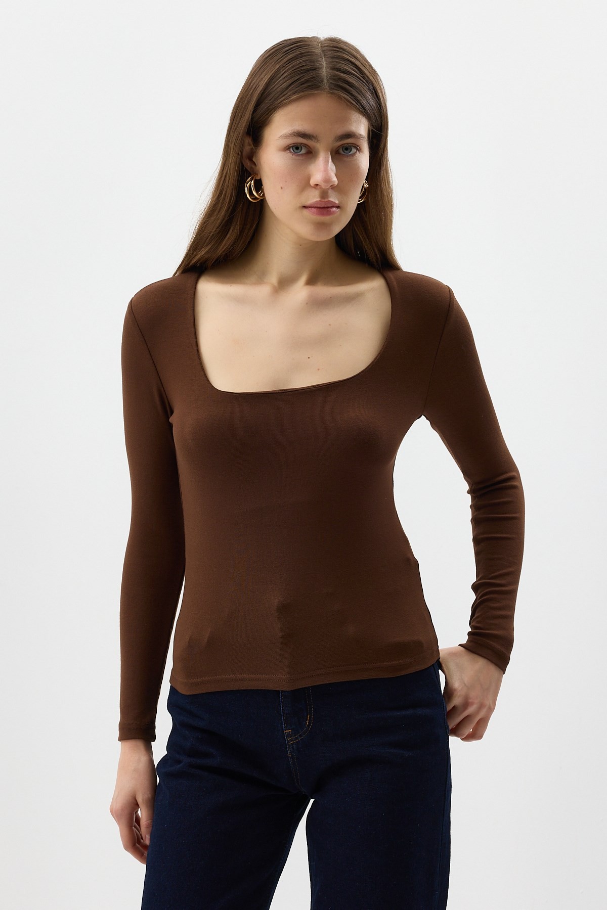 Kadın Body-Kahverengi Kare Yaka Uzun Kollu Fitilli Kadın Body 8267A-rulem