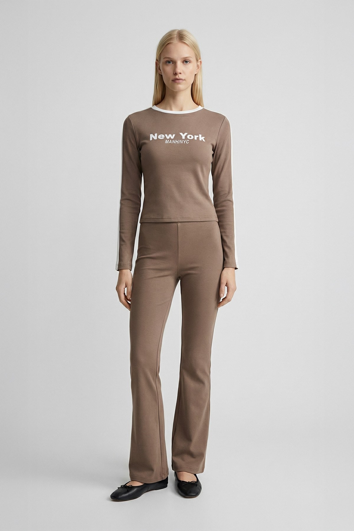Kadın Body-New York Baskılı Şeritli Badi 8342A Vizon -rulem