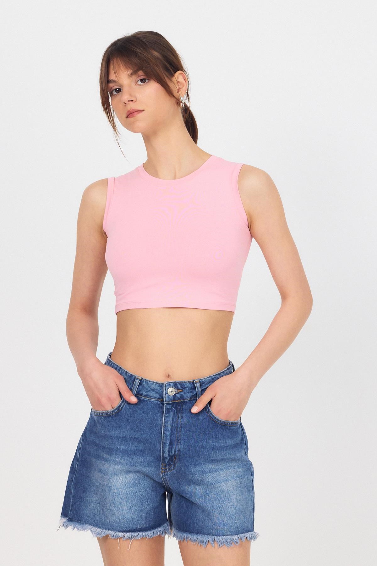 Kadın Body-Pembe Bisiklet Yaka Crop Atlet 9189M-rulem