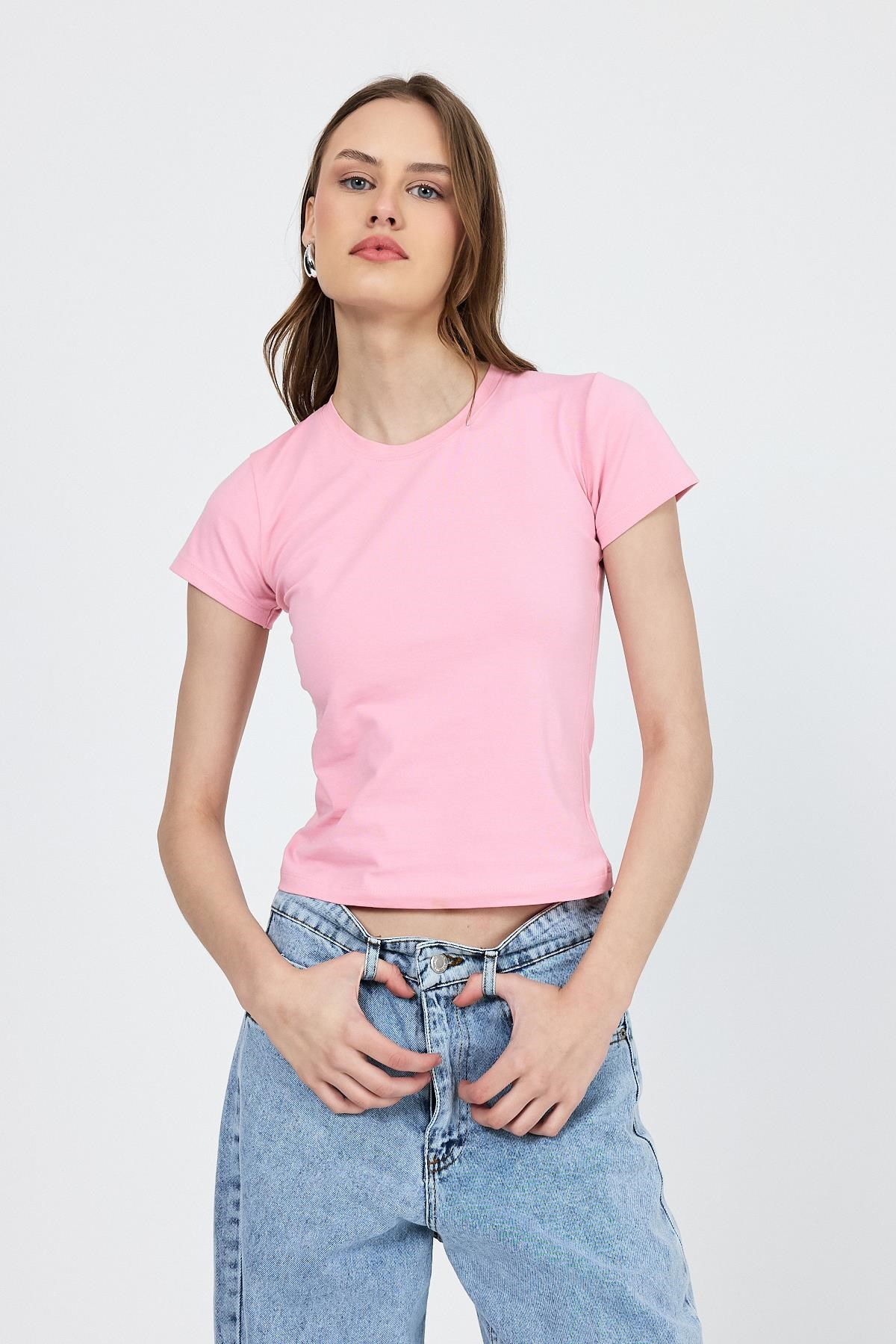 Kadın Body-Pembe Slim Fit Bisiklet Yaka Kısa Kollu Tişört 2214-rulem
