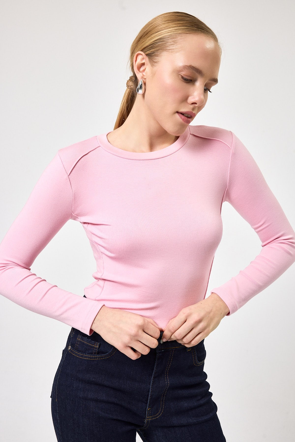 Kadın Body-Pembe Uzun Kollu Bisiklet Yaka Dikiş Detaylı Kadın Body 8223A-rulem