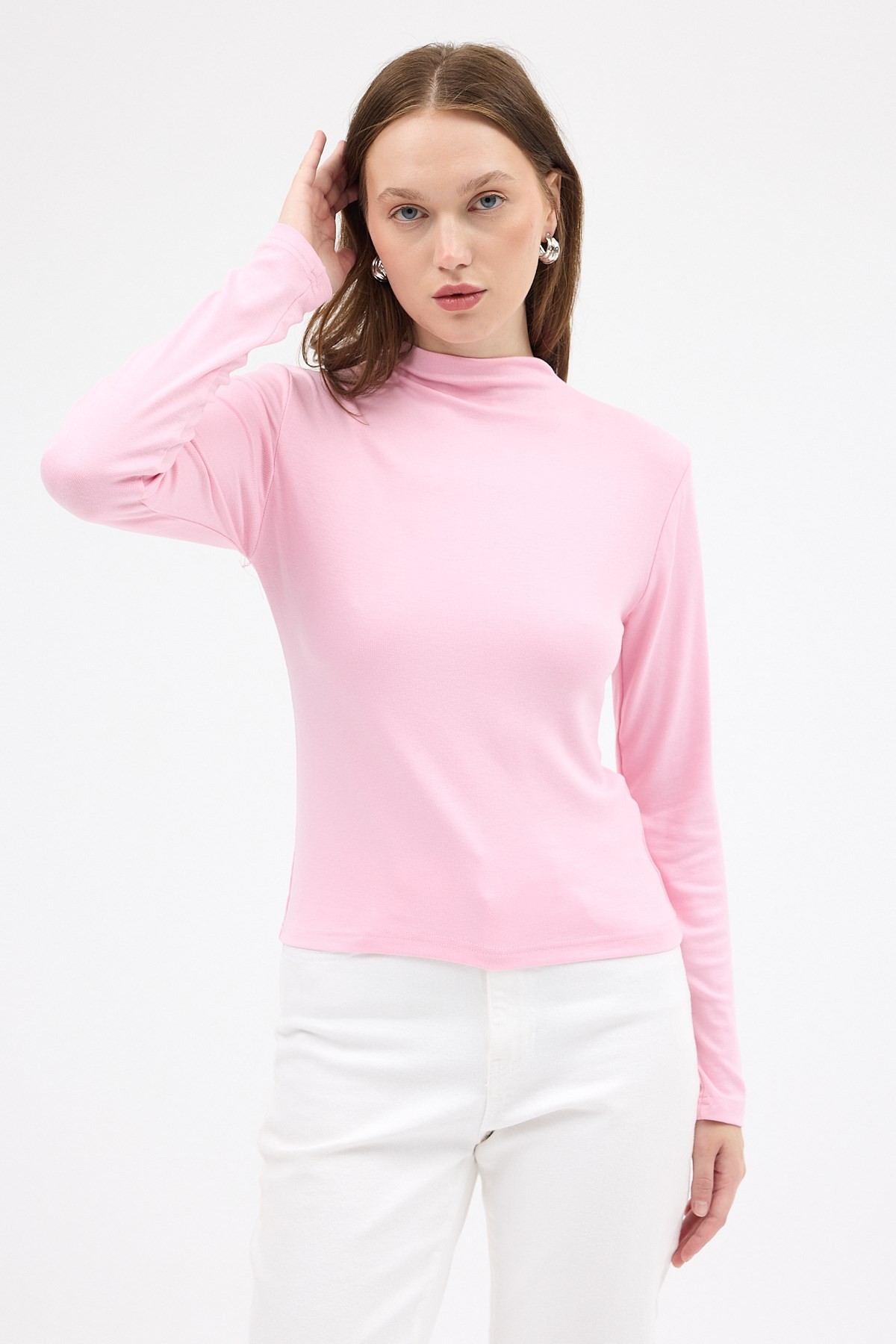 Kadın Body-Pembe Yarım Boğaz Uzun Kollu Body 2069-rulem