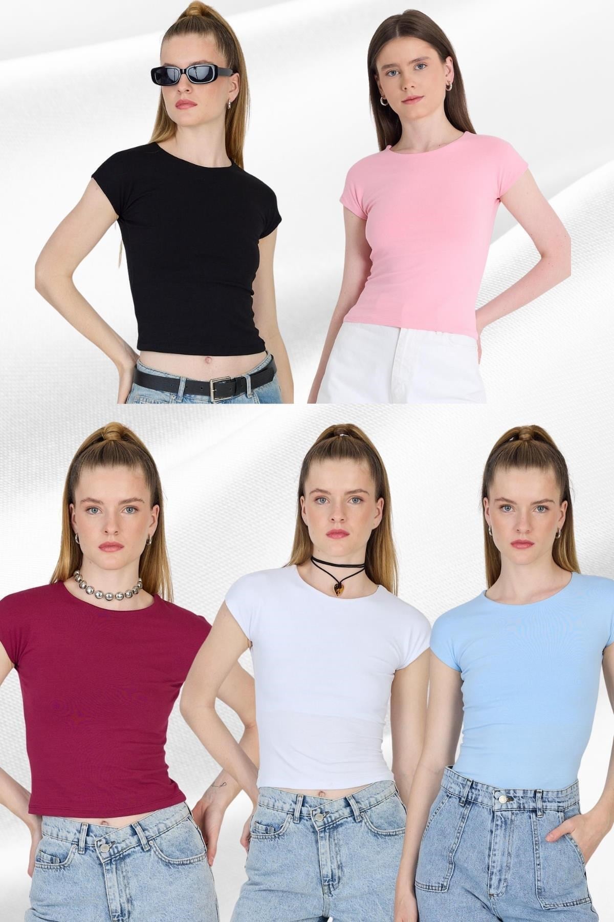 Kadın Body-Renkli 5'li Bisiklet Yaka Pamuklu Slim Fit Tişört 9190-rulem