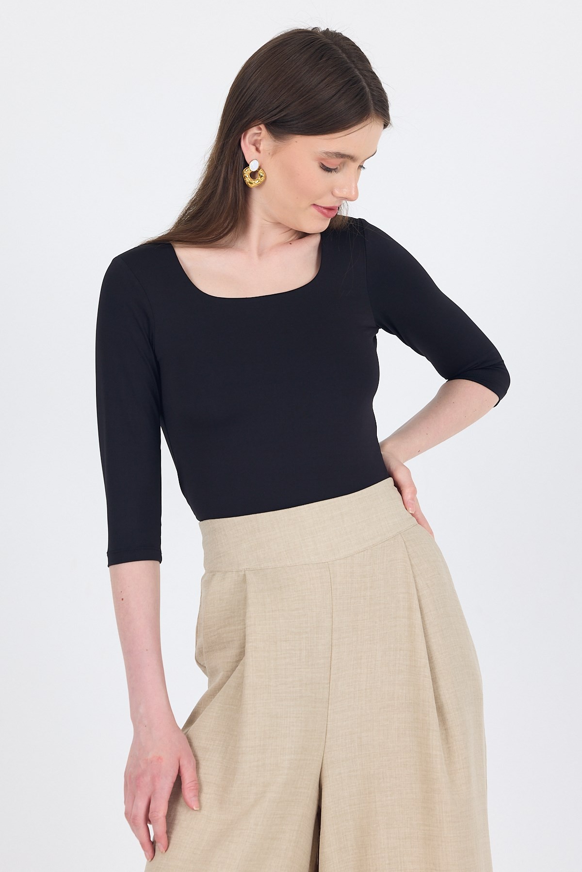Kadın Body-Siyah Kare Yaka Örme Body 9193M-rulem