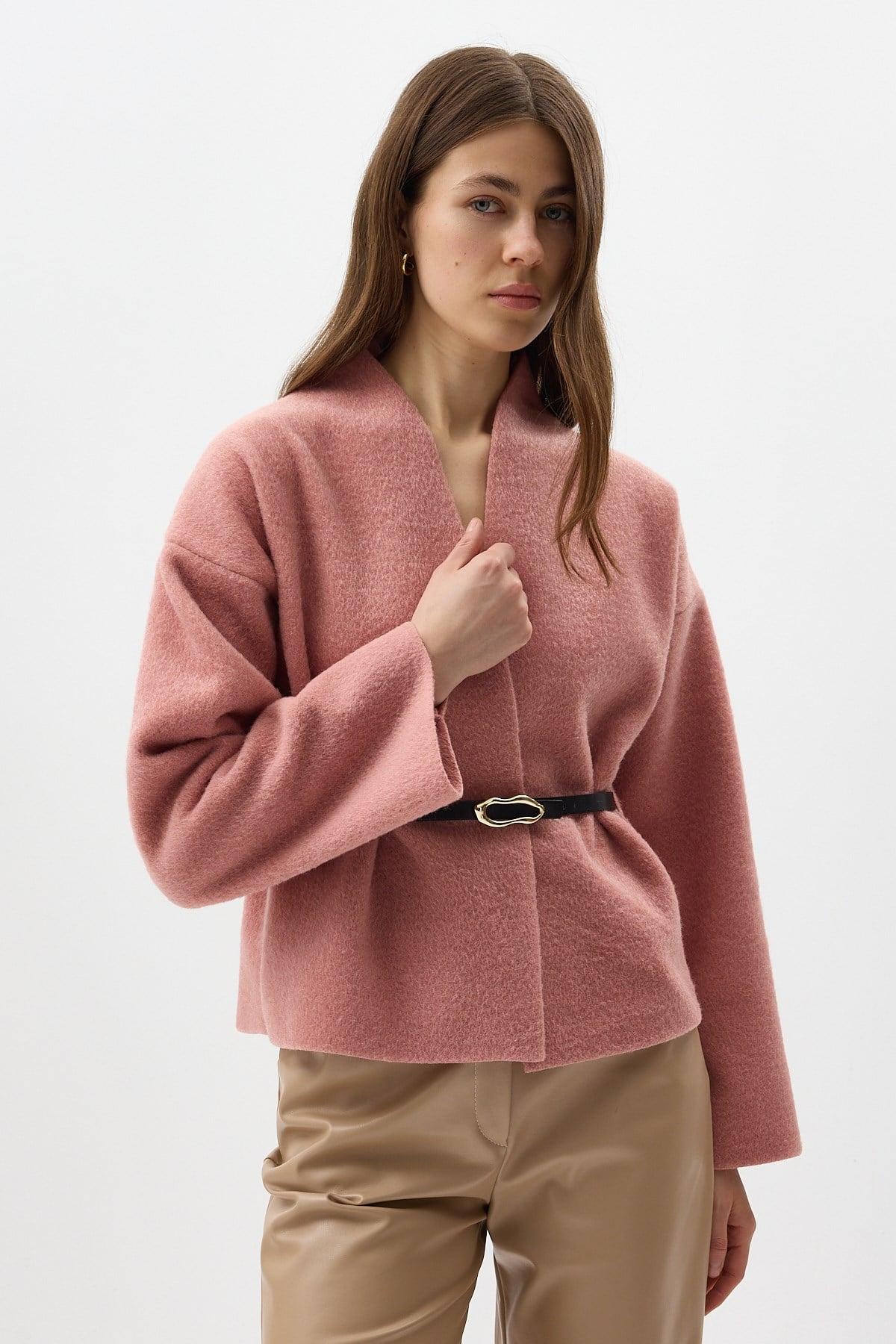 Kadın Ceket-Gül Hâkim Yaka Kemer Detaylı Kısa Kaşe Kadın Ceket 3100A-rulem
