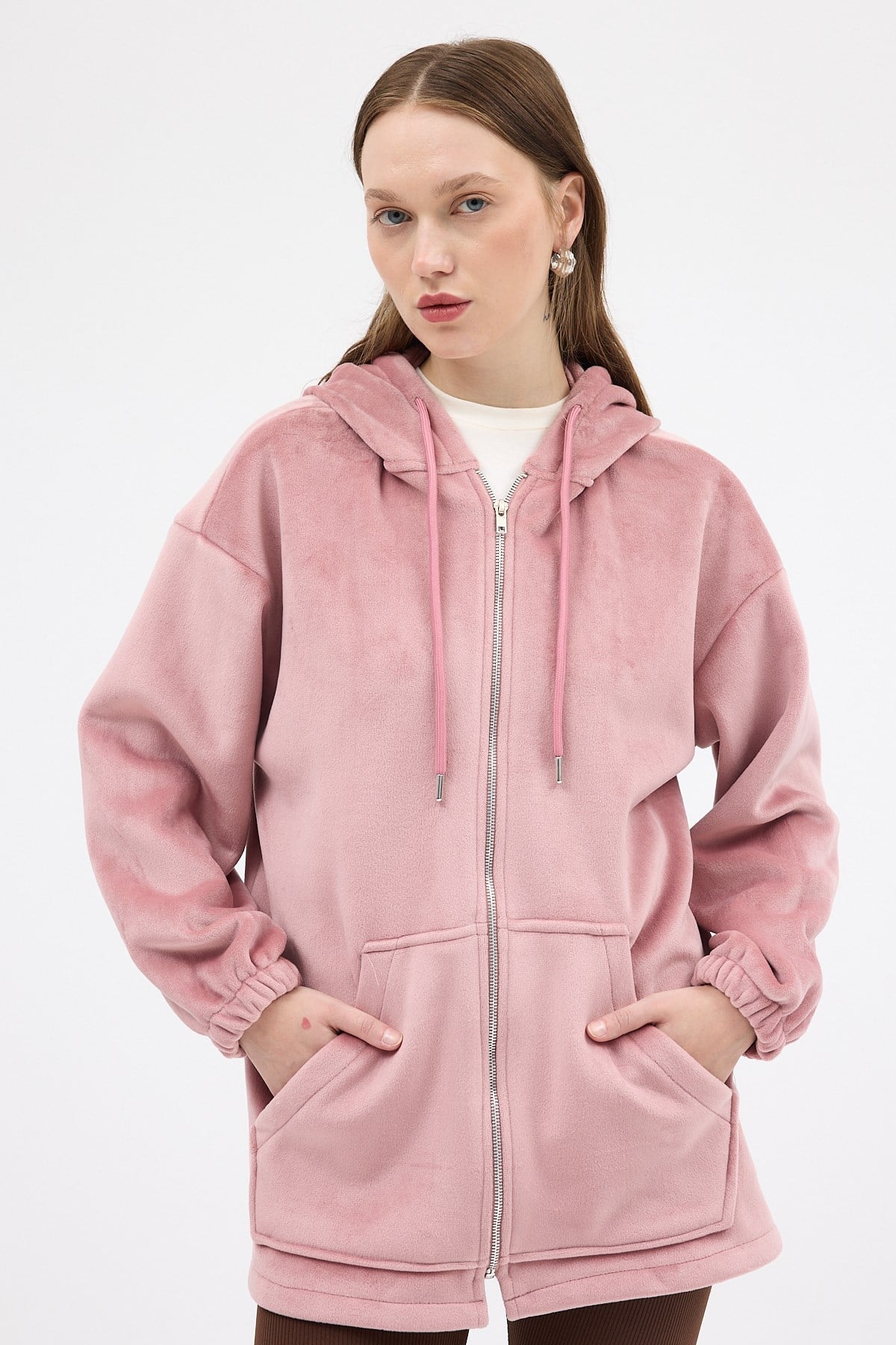 Kadın Ceket-Pembe Peluş Fermuarlı Kapüşonlu Kadın Sweatshirt 3057A-rulem