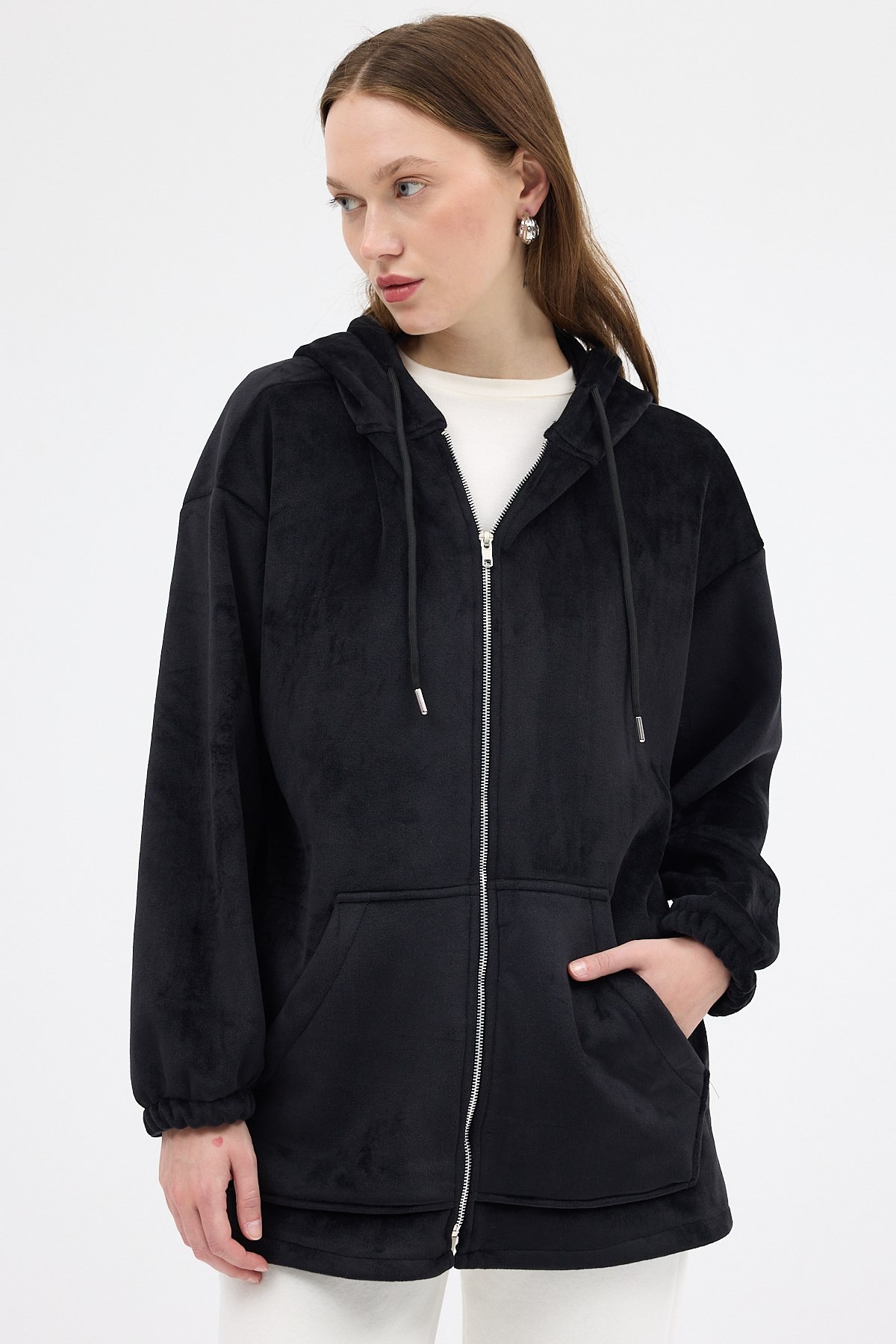 Kadın Ceket-Siyah Peluş Fermuarlı Kapüşonlu Kadın Sweatshirt 3057A-rulem
