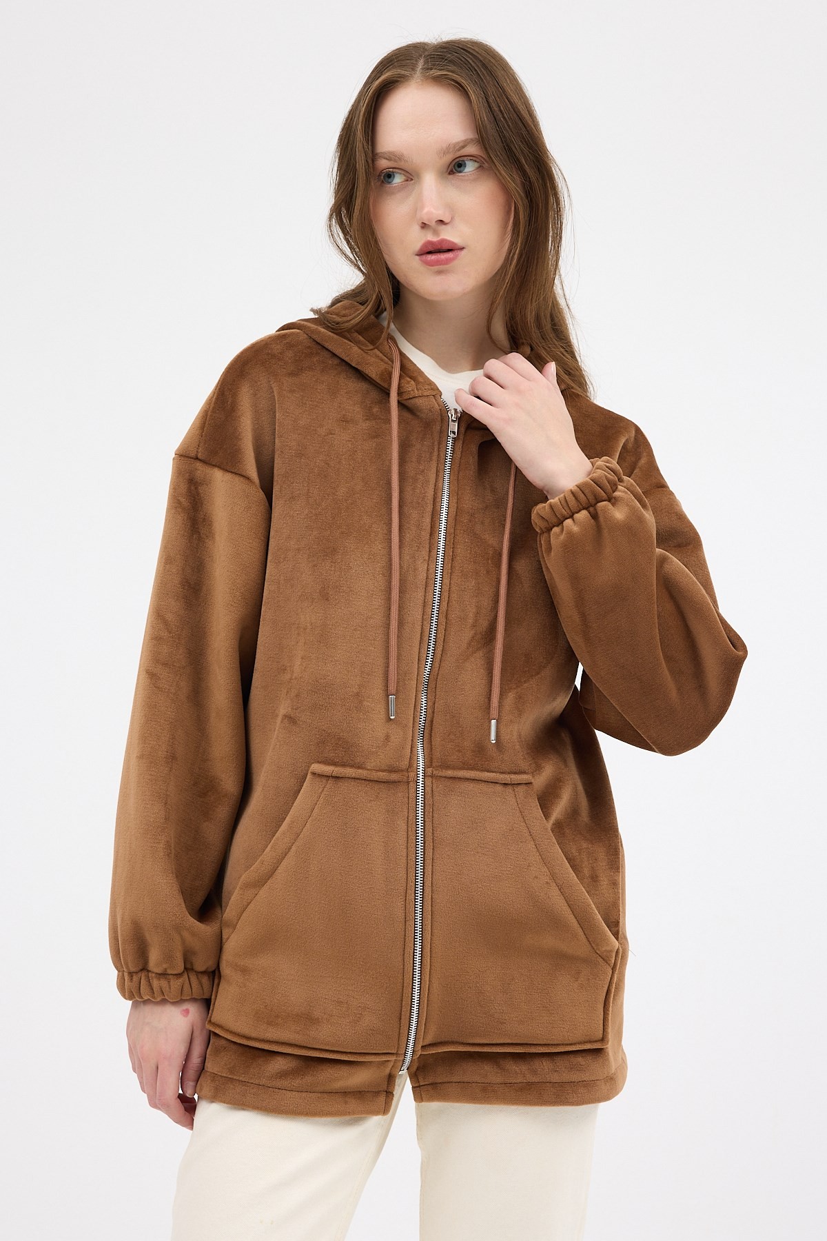 Kadın Ceket-Taba Peluş Fermuarlı Kapüşonlu Kadın Sweatshirt 3057A-rulem