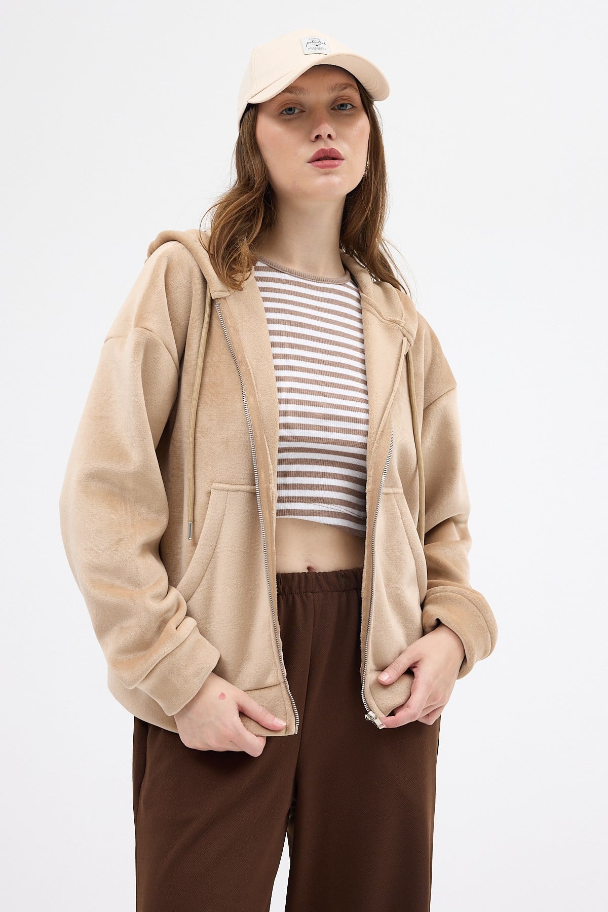 Kadın Ceket-Vizon Kadın Fermuarlı Kapüşonlu Sweatshirt 3059A-rulem
