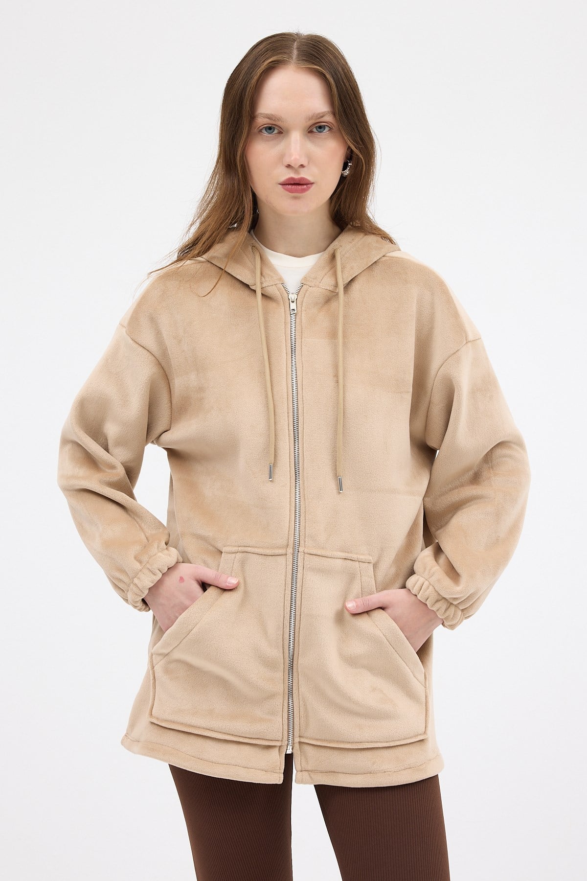 Kadın Ceket-Vizon Peluş Fermuarlı Kapüşonlu Kadın Sweatshirt 3057A-rulem