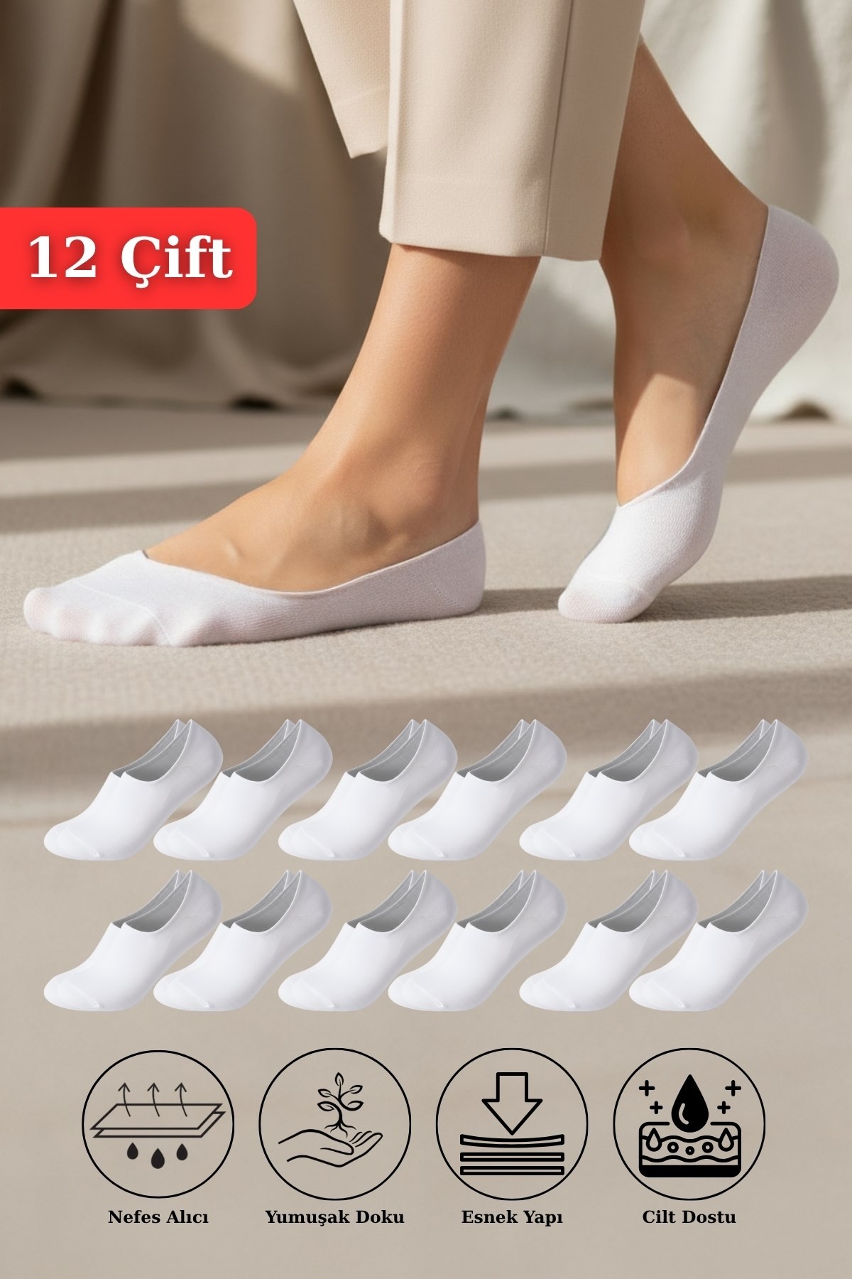Kadın Çorap-12 Çift Kadın Beyaz Esnek Pamuklu Örme Babet Çorap 1020-rulem