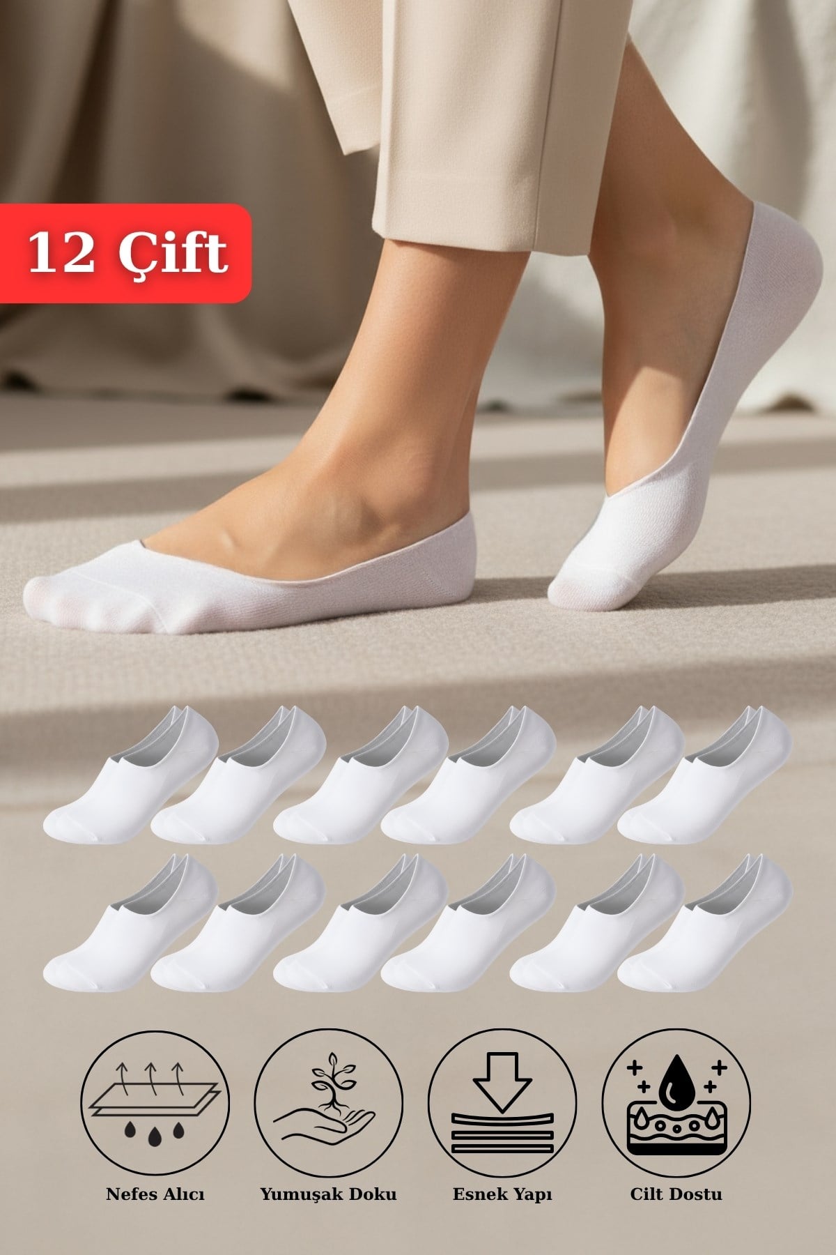 Kadın Çorap-12 Çift Kadın Beyaz Esnek Pamuklu Örme Babet Çorap 1020-rulem