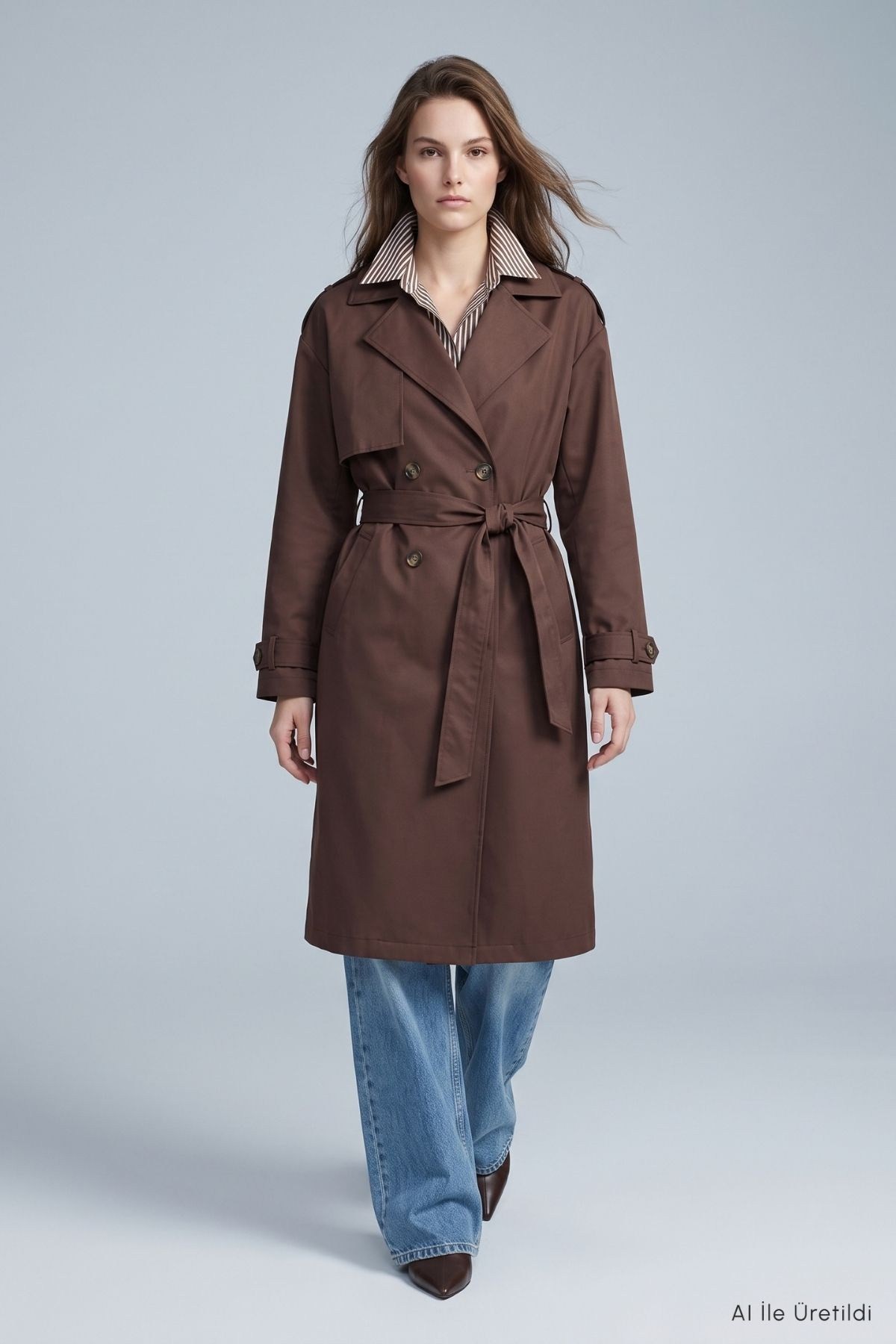 Kadın Dış Giyim-Kadın Trençkot-Çift Düğmeli Oversize Trençkot 277 Kahve-rulem