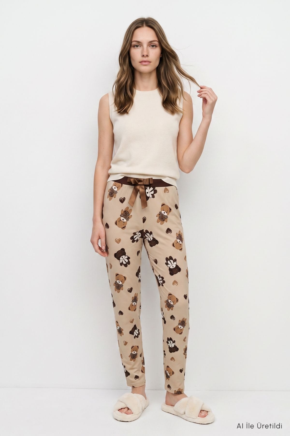 Kadın Ev Giyim-Kadın Pijama Alt-Ayıcık Desen Pijama 4535-1 Koyu Bej-rulem