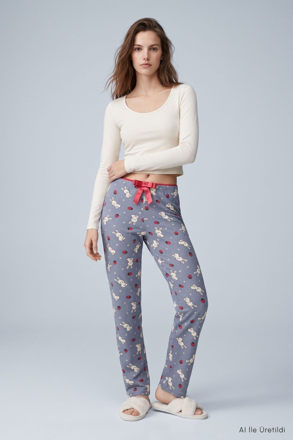 Kadın Ev Giyim-Kadın Pijama Alt-Çilekli Tavşan Desen Pijama 4553 Gri-rulem
