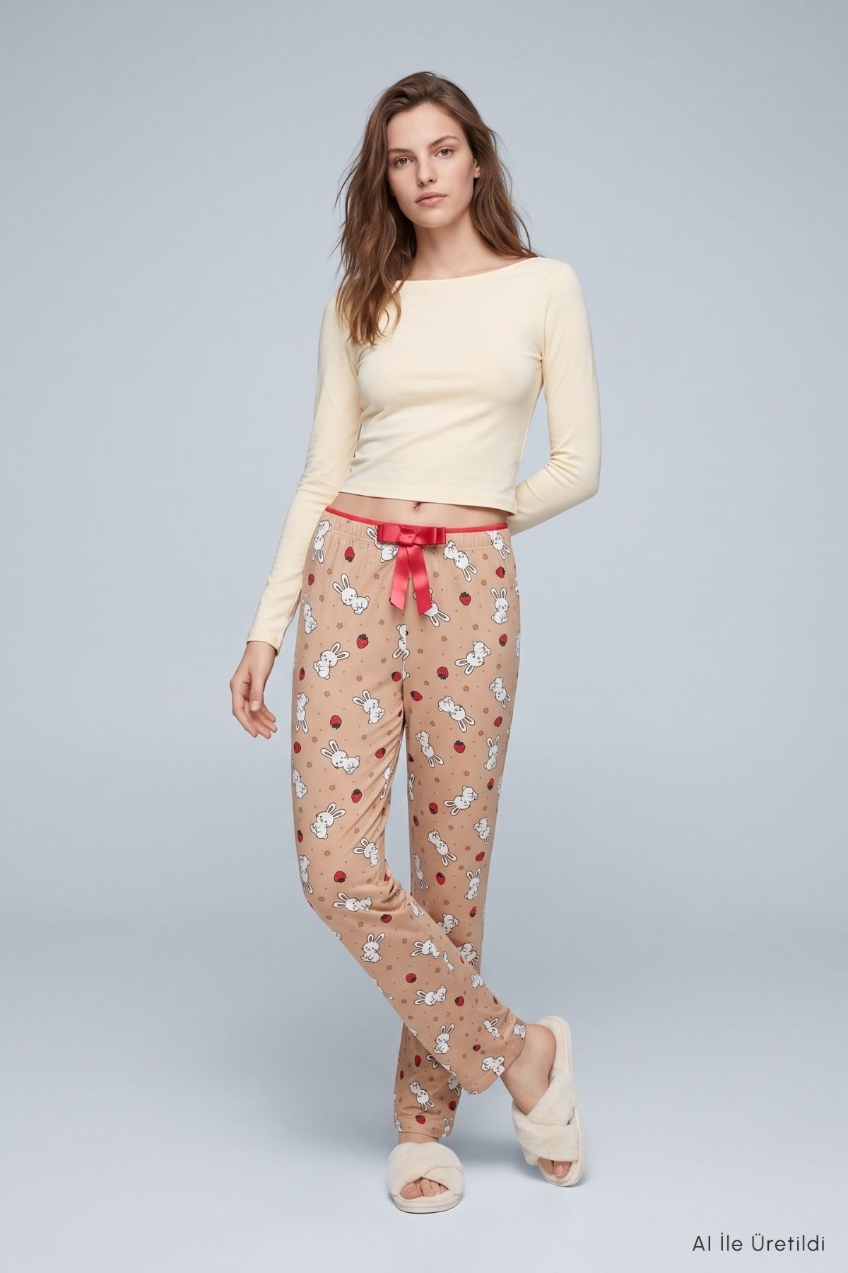Kadın Ev Giyim-Kadın Pijama Alt-Çilekli Tavşan Desen Pijama 4553 Bisküvi-rulem