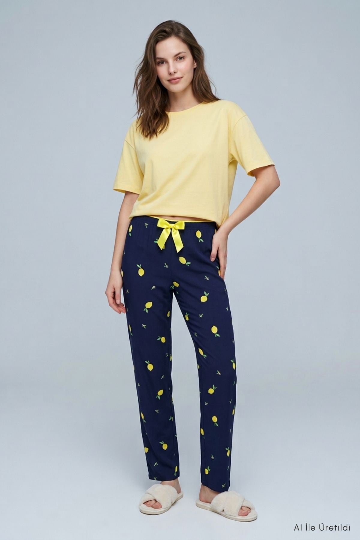 Kadın Ev Giyim-Kadın Pijama Alt-Limon Desen Pijama 4557 Sarı-rulem